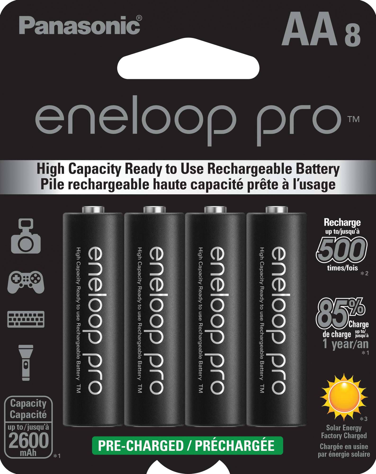 Panasonic AA 8 eneloop TM pro High Capacity Ready to Use Rechargeable Battery Pile rechargeable haute capacit prte l'usage Recharge up to/jusqu' 500 times/fois + High High High High Capacity Capacity Capacity Capacity *2 Ready eneloop Ready eneloop Ready eneloop Ready eneloop to to to to use use use use 85% Charge up to/ de charge jsqu' Rechargeable Rechargeable Rechargeable Rechargeable 1 year/an 1 Battery pro Battery pro Battery pro Battery pro Battery pro Capacity Capacit *3 up to/jusqu' Solar Energy Factory Charged 2600 PRE-CHARGED /PRCHARGE / Charge en usine mAh *1 par nergie solaire