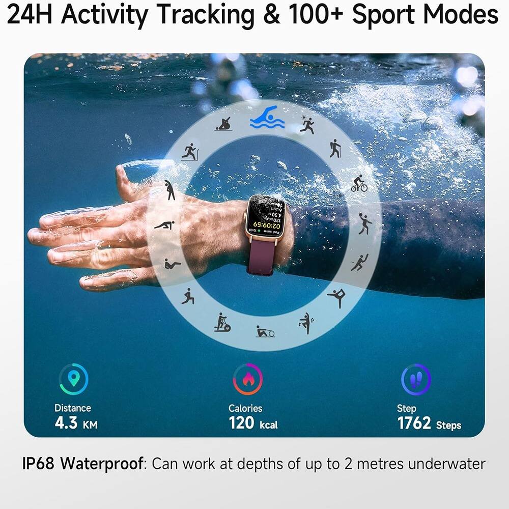 24H Activity Tracking & 100+ Sport Modes

- Distance: 4.3 KM
- Calories: 120 kcal
- Steps: 1762

IP68 Waterproof: Can work at depths of up to 2 metres underwater