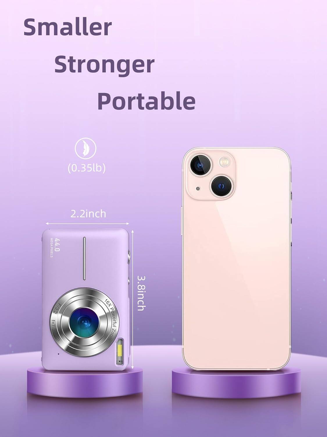 Smaller Stronger Portable (0.35lb)  
2.2 inch  
44.0 MEGAPIXELS  
F/3.2  
16X Powerful Zoom  
3.8 inch