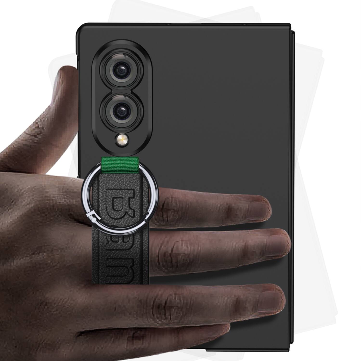 Left. Dteck - Slim Case for Samsung Galaxy Z Fold8,Built-in Screen Protector with PU Leather Wristband Grip Ring,Rugged PC Back Cover - Silver.