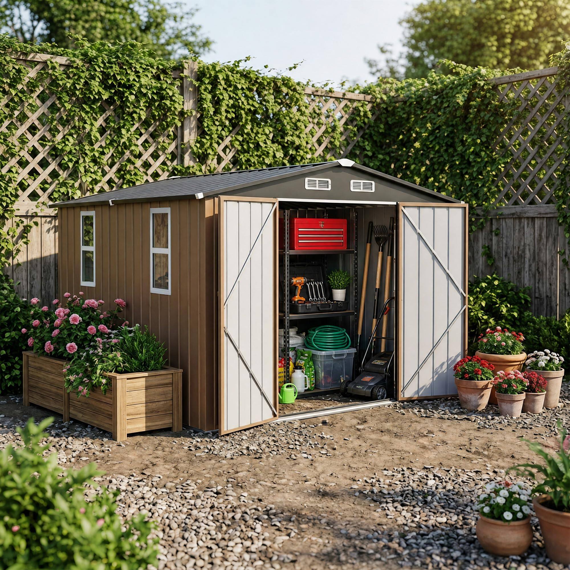Left. LAUSAINT HOME - 10x10 FT Galvanized Steel Shed Double Lockable Doors Gable Roof and Vent for Backyard Patio Garden - Brown.