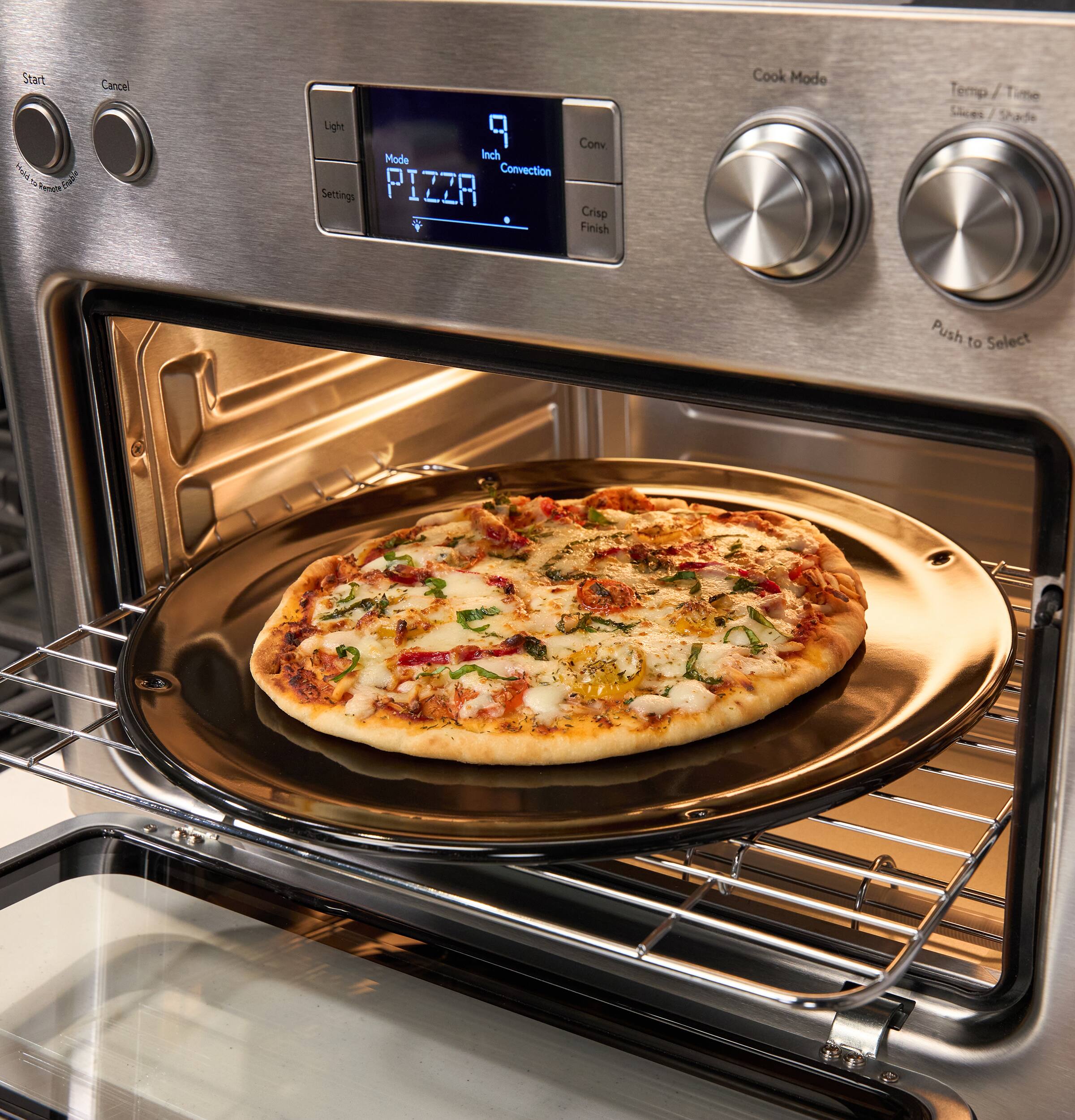 Start  
Cancel  
Light  
Mode  
Settings  
PIZZA  
Inch  
Convection  
Conv  
Crisp  
Finish  
Cook Mode  
Temp / Time  
Shade  
Push to Select