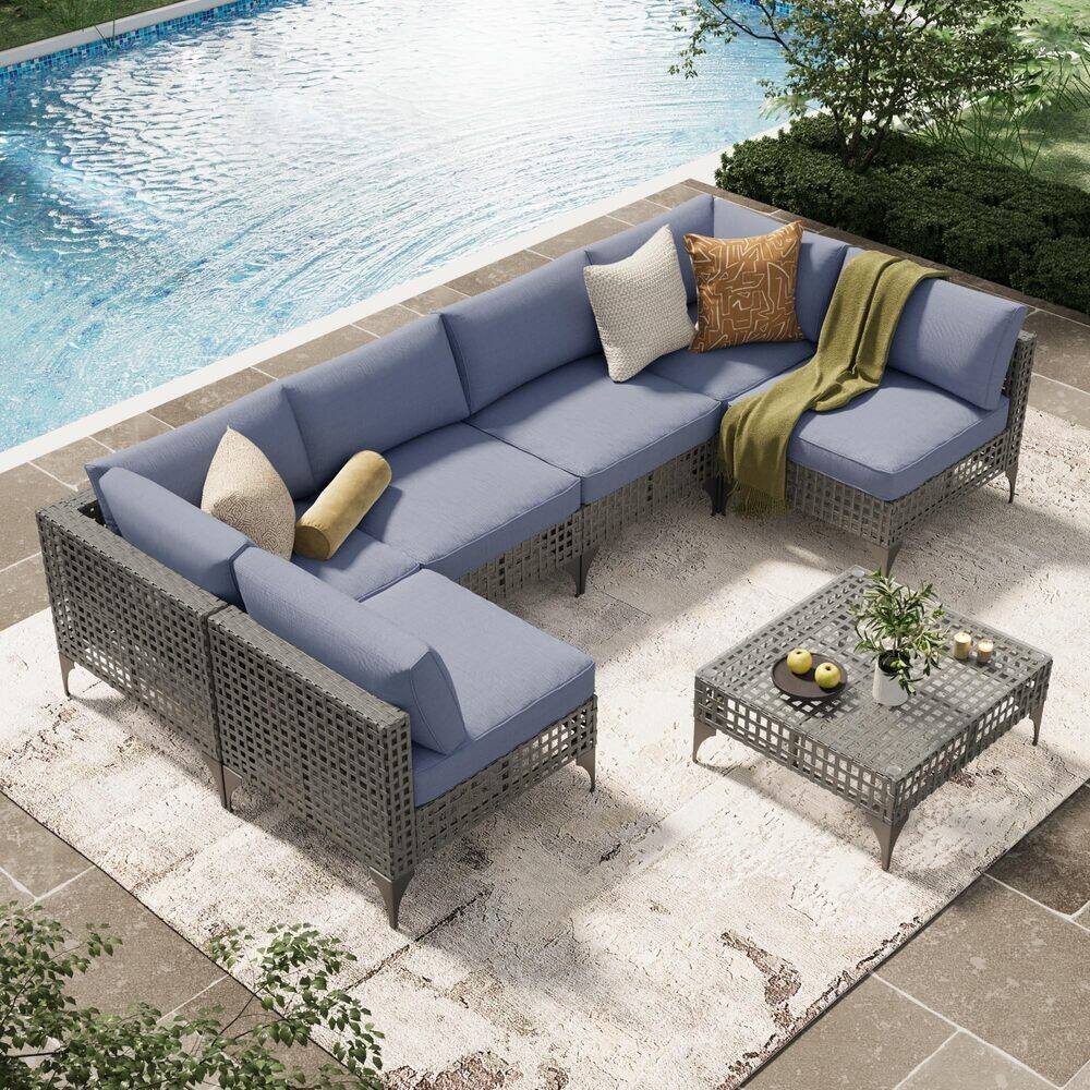 Angle. Mondawe - 7-Piece Hollow Steel Seating Set with Waterproof Cushions and Adjustable Feet - Blue+Grey.