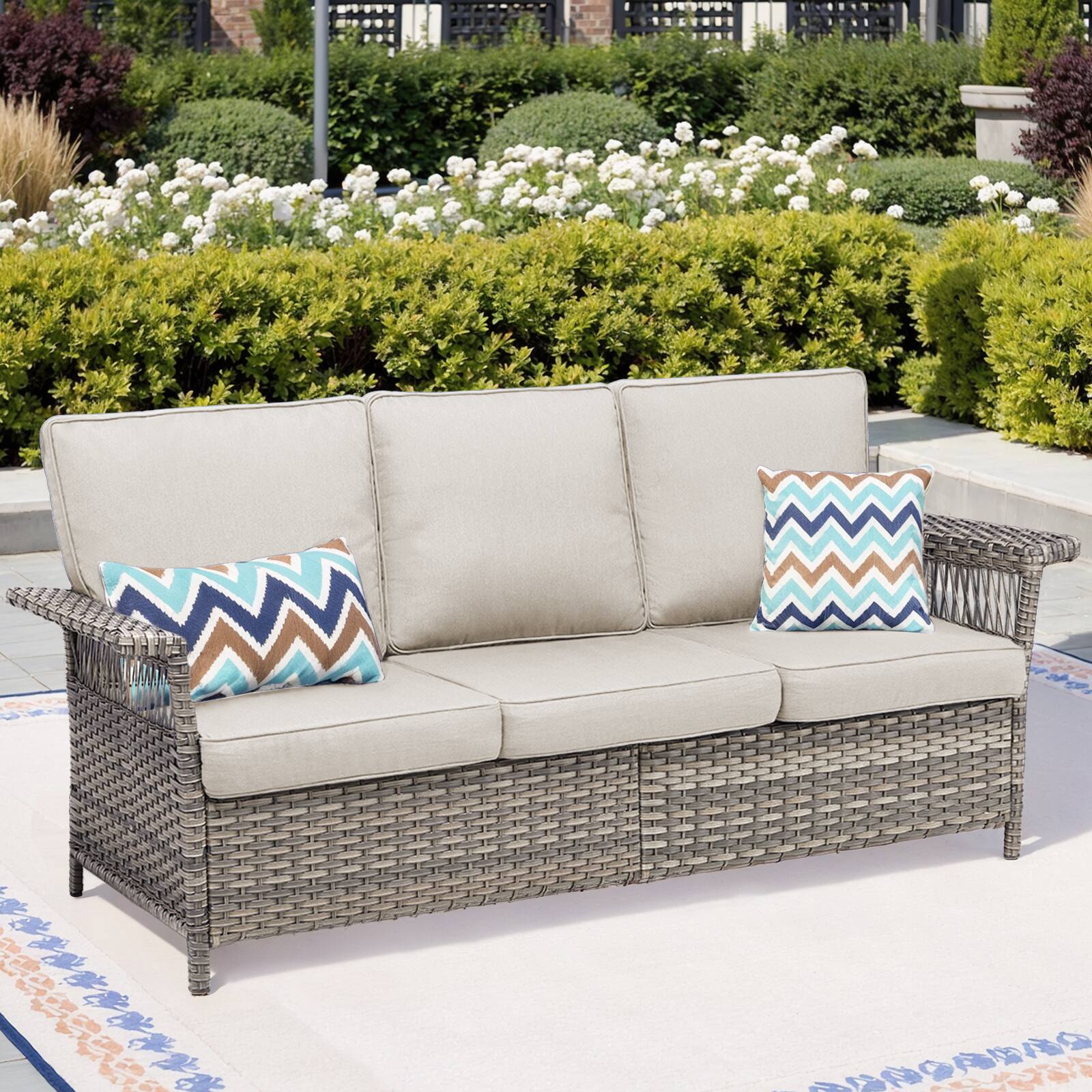 Left. Mondawe - 76.7" Wide Outdoor Wicker Patio Sofa with Beige Cushions - Beige+Gray.
