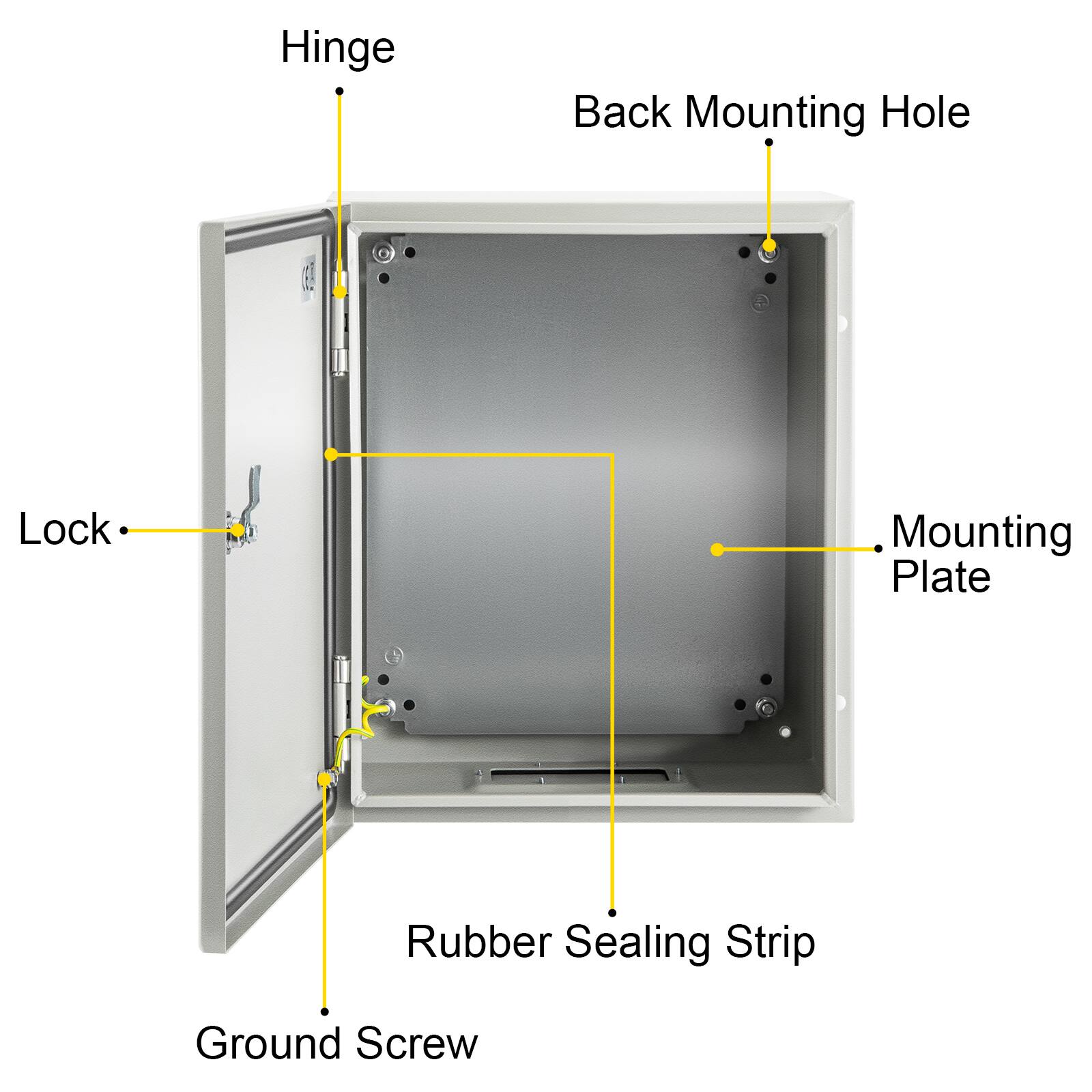 Hinge  
Back Mounting Hole  
Lock  
Mounting Plate  
Rubber Sealing Strip  
Ground Screw