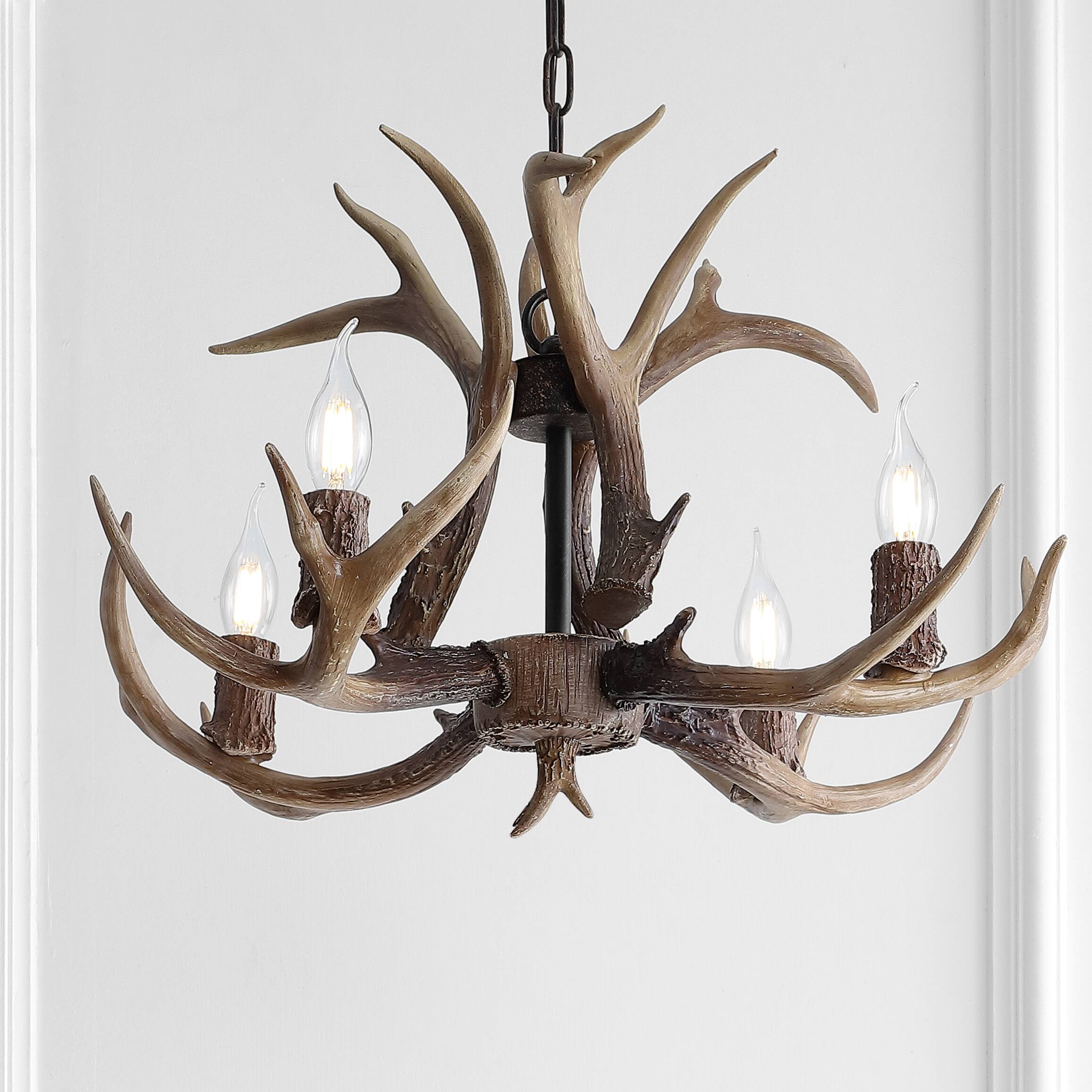 Alt View 7. Jonathan Y - Eldora 26" 4-Light Rustic Farmhouse Adjustable Resin Antler LED Chandelier, Brown - Brown.