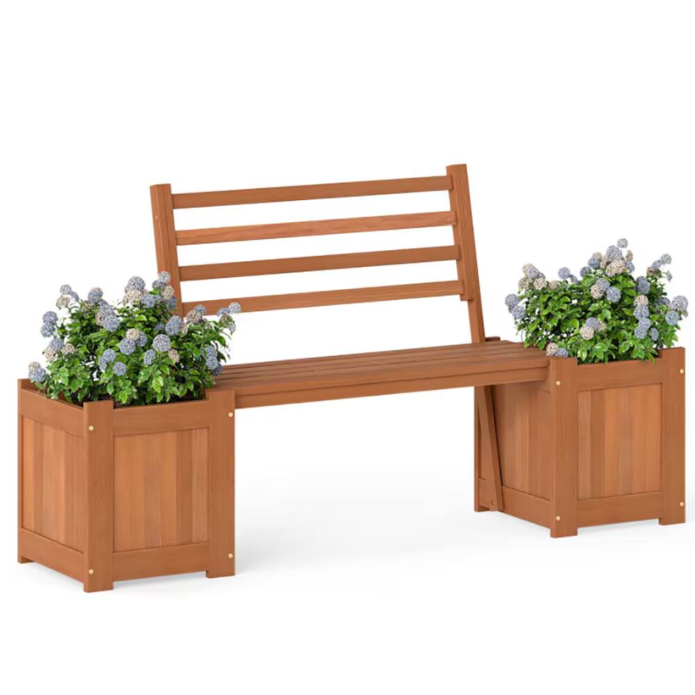 Alt View 4. Bestier - Outdoor Planter Box Wooden Bench Set with 2 Open-ended Planter Boxes and Salt Backrest Boxes - Brown.