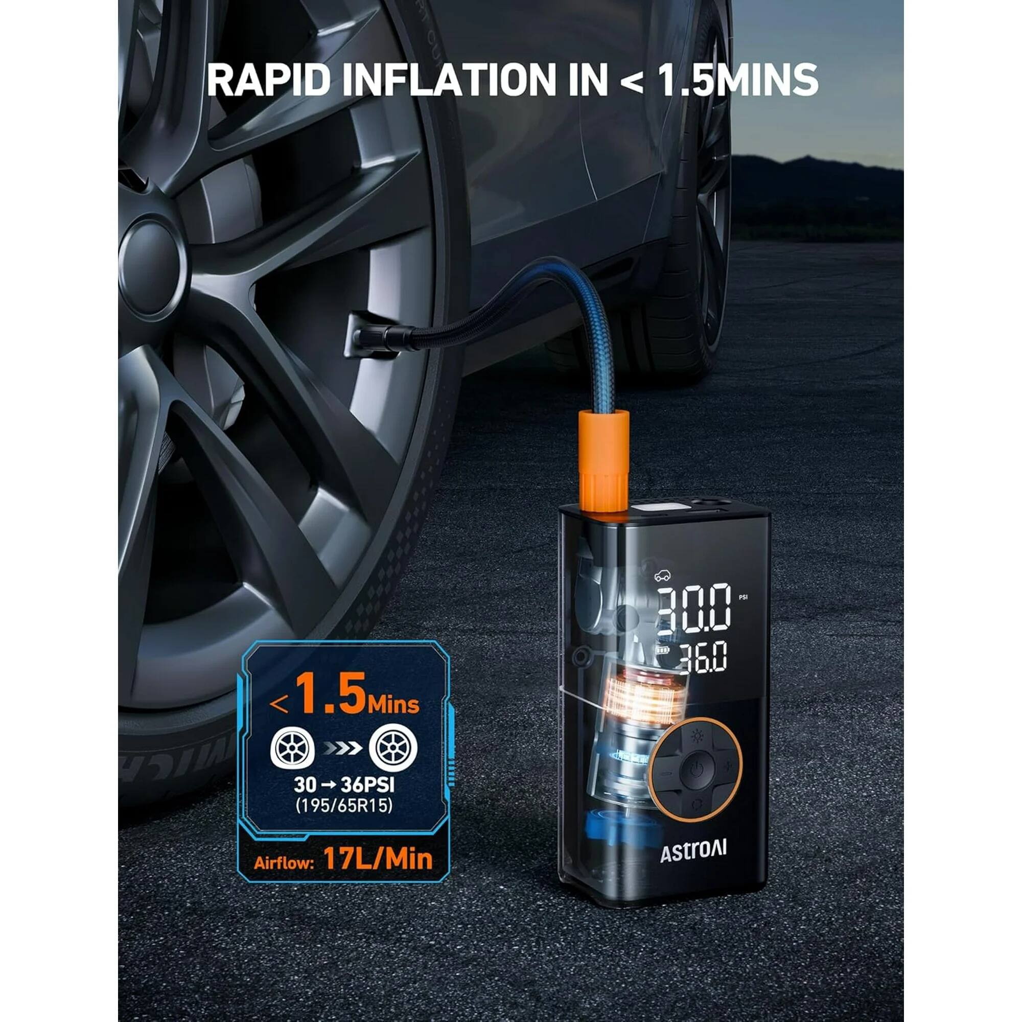 RAPID INFLATION IN < 1.5MINS < 1.5Mins Mins 30 0-36PSI (195/65R15) Airflow: 17L/Min AStroAI