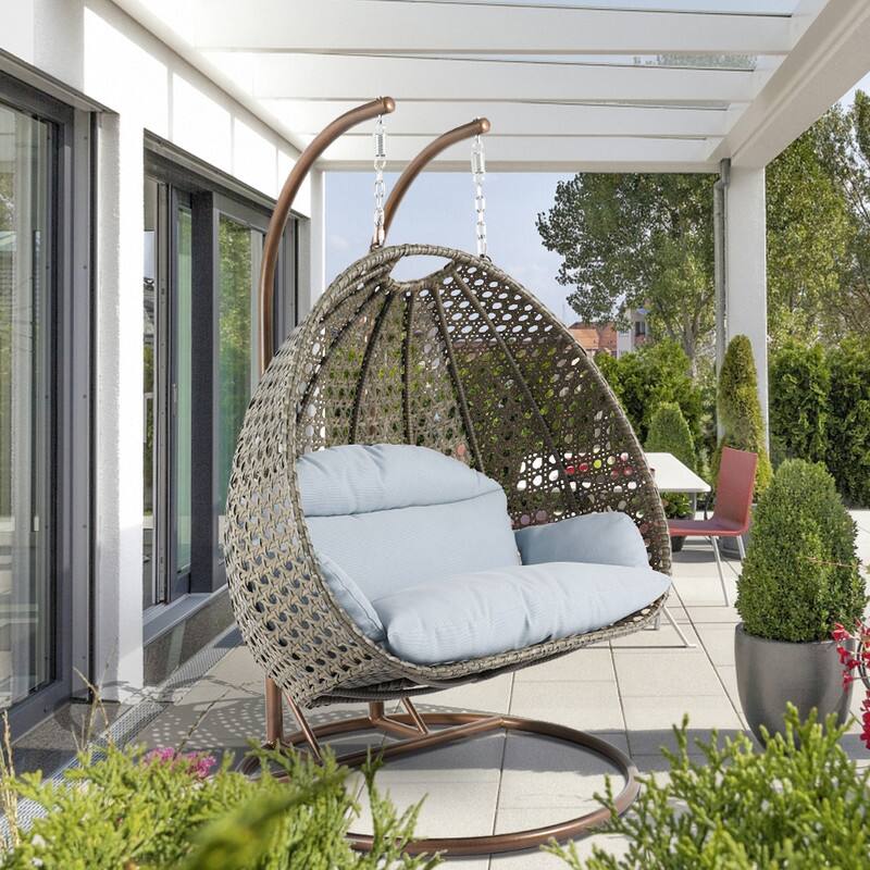 Left. LeisureMod - Leisuremod 2-Person Wicker Egg Swing Chair with Stand & Washable Cushions - Indoor/Outdoor Double Hanging Patio Chair - Light Grey.