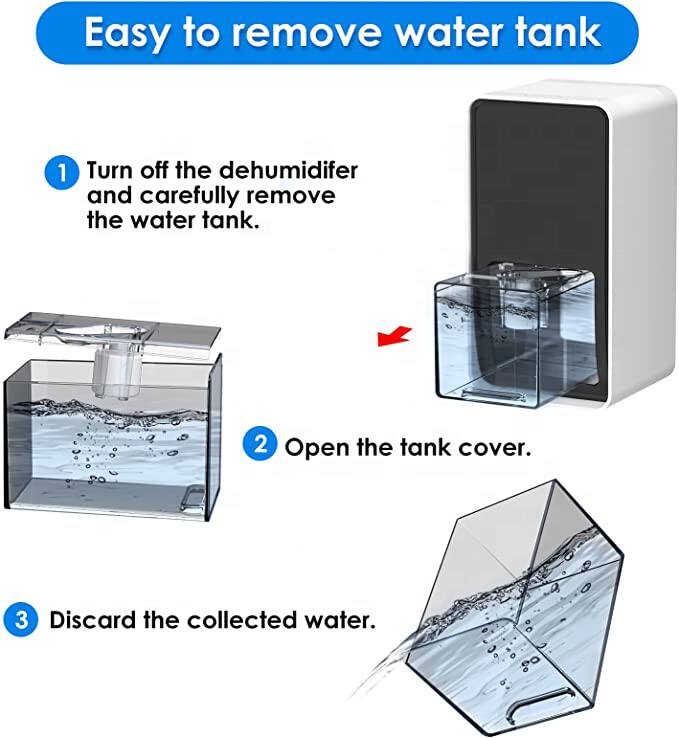 Easy to remove water tank

1. Turn off the dehumidifier and carefully remove the water tank.
2. Open the tank cover.
3. Discard the collected water.