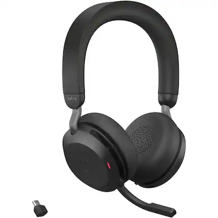 Front. Jabra - Jabra Evolve2 75 Wireless On-ear Stereo Headset - USB-C - Unified Communication - With Charging Stand - Black - Binaural - Blue.