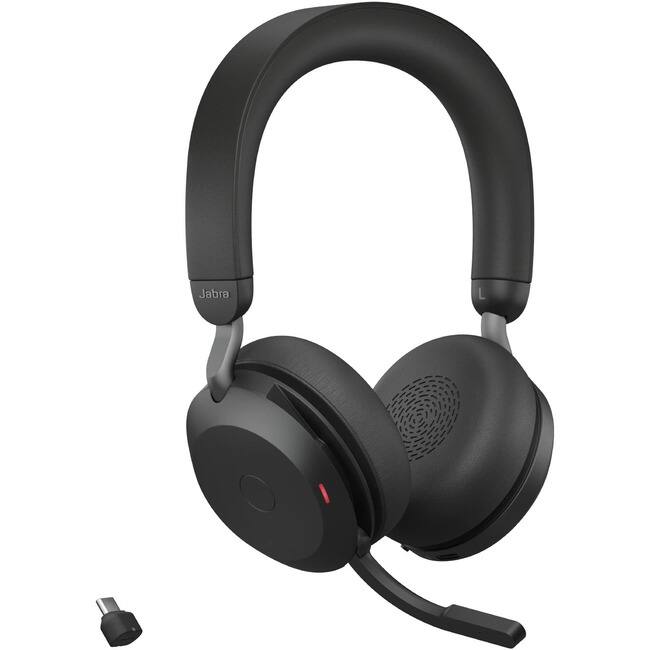 Front. Jabra - Jabra Evolve2 75 Wireless On-ear Stereo Headset - USB-C - Unified Communication - With Charging Stand - Black - Binaural - Blue.