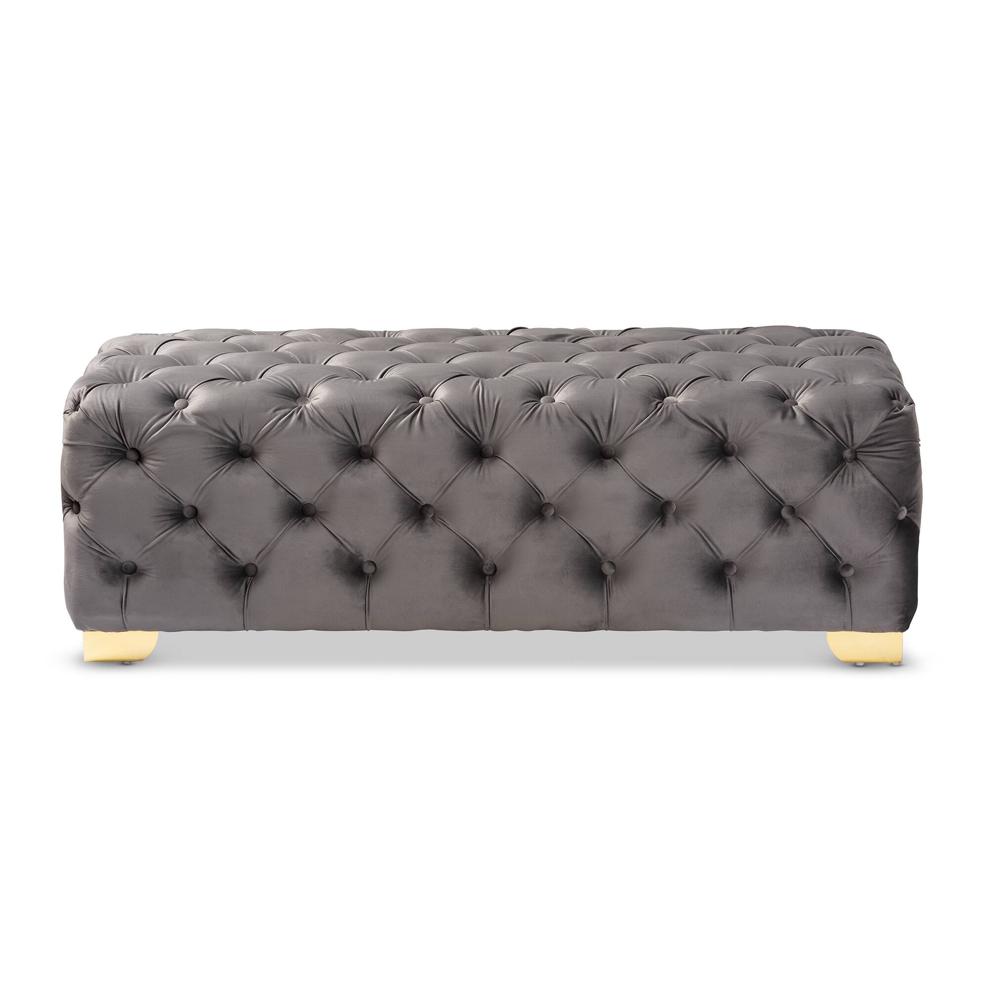 Angle. Baxton Studio - Avara Glam and Luxe Velvet Fabric Upholstered Gold Finished Button Tufted Bench Ottoman - Gray/Gold.