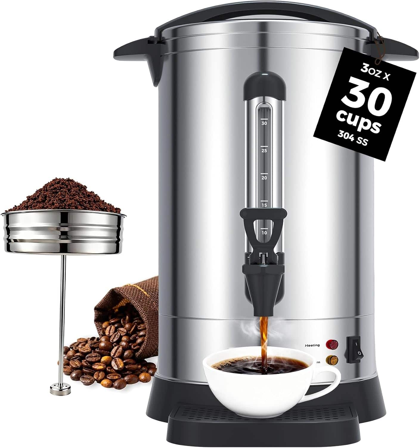OSTBA - 30-Cup Commercial Coffee Urn, 5.2L 304 Stainless Steel Percolator - Silver
