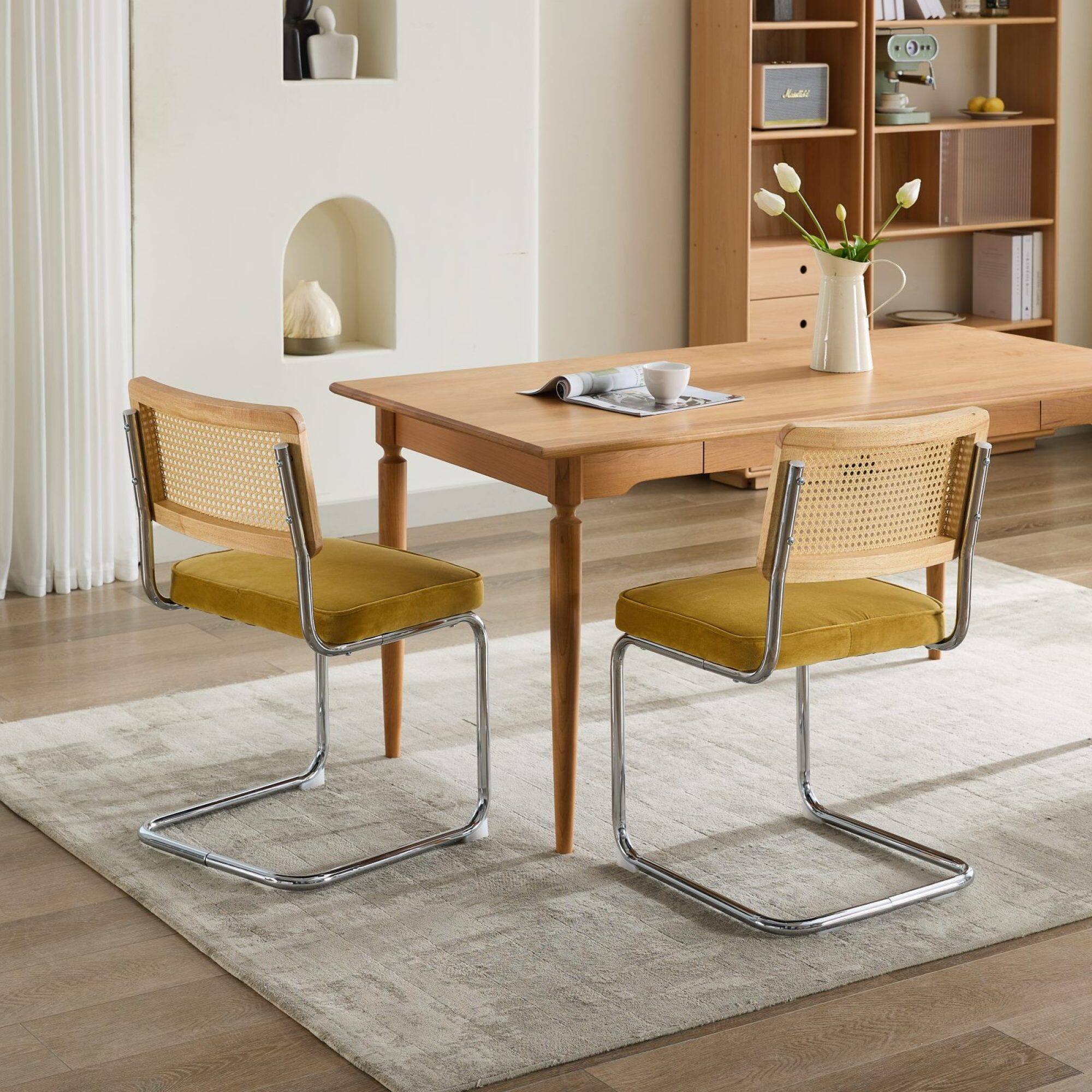 Alt View 9. GOODSILO - Mid Century Modern Dining Chairs Set of Two with Velvet Upholstery and Cane Back - Gold.