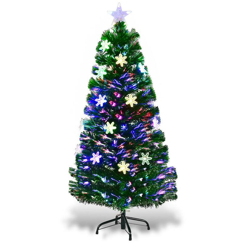 Left. WELLFOR - 4 ft Prelit Fiber‑Optic Artificial Christmas Tree with Multicolor Lights& Snowflake‑Star Ornaments for Xmas Small‑Space - Green.