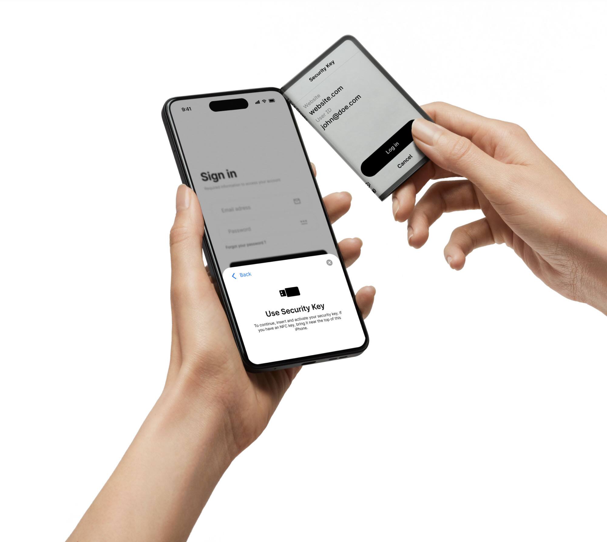 Sure, here is the corrected and grouped text from the image:

---

**Sign in**

Email address  
Password  
Forgot your password?

Use Security Key  
To continue, insert your Security Key and tap the button below.  
You will need to approve the request on your Security Key.

---

**Security Key**  
website.com  
User ID: john@doe.com  
Log in  
Cancel

---

**Back**