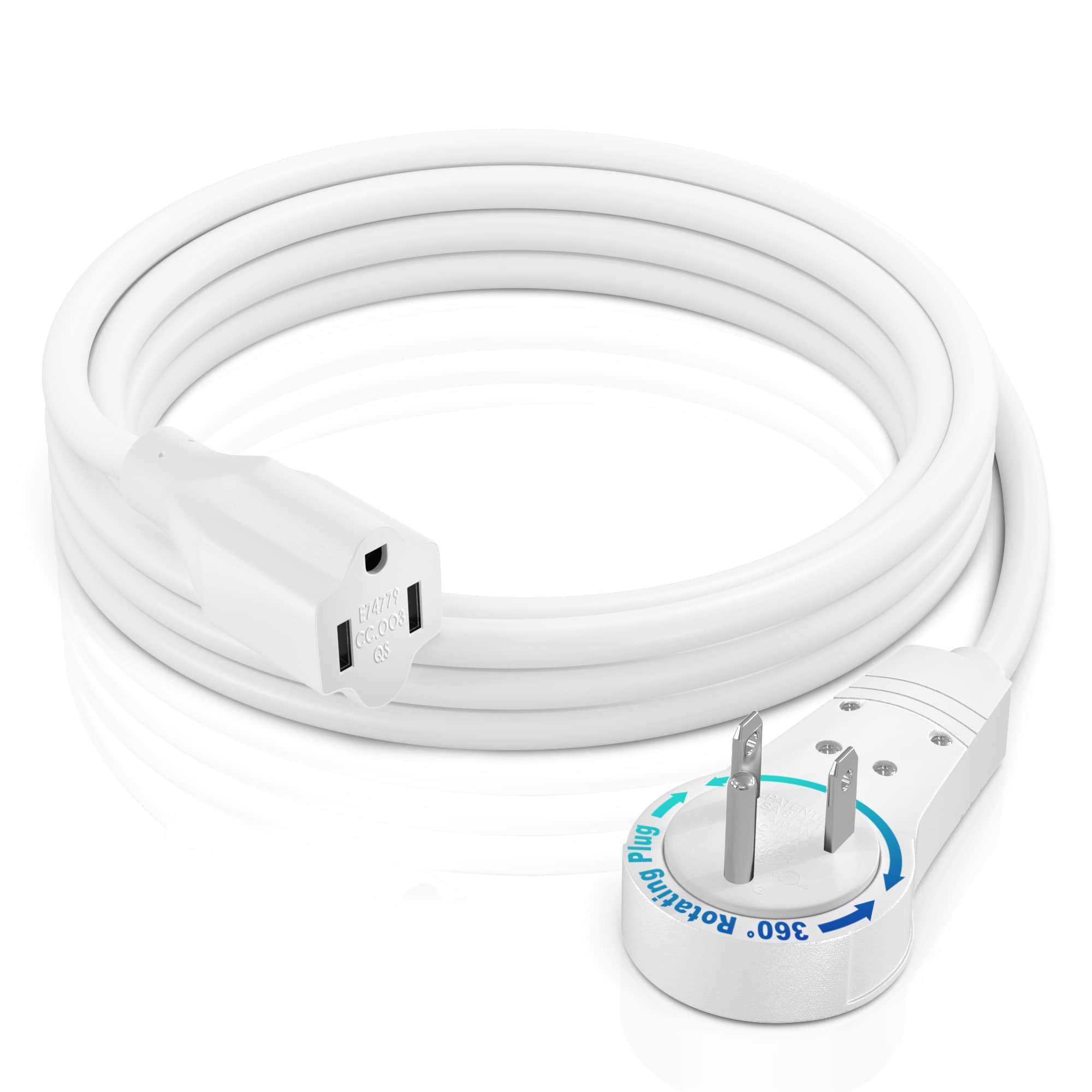 Maximm - 6 Feet 14Awg 360° Rotating Flat Plug Extension Cord / Wire, 3 Prong Grounded Wire, Heavy Duty - UL Certified - White