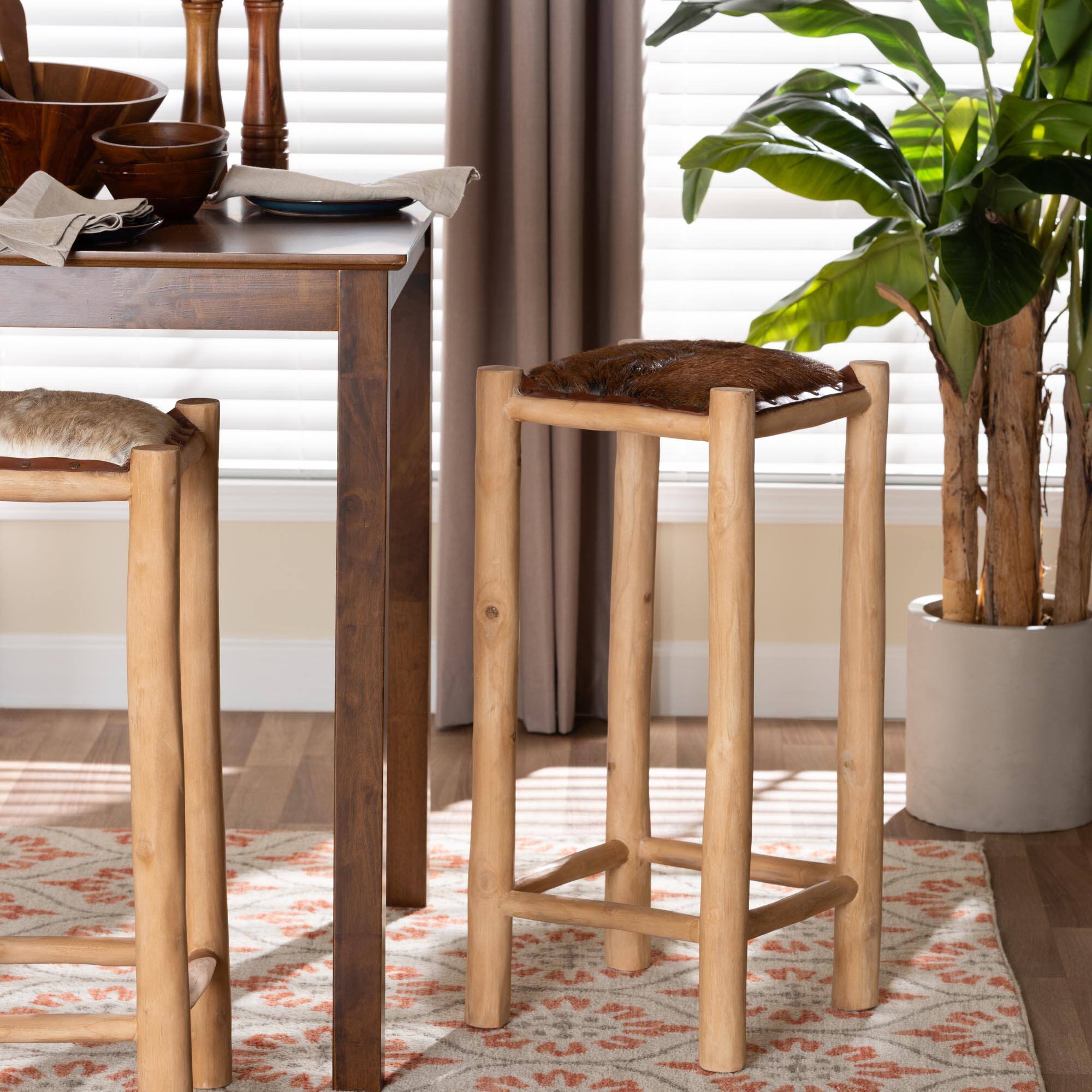 Alt View 3. bali & pari - Rivera Genuine Goat Leather Bar Stool - Rustic Boho Seating with Teak Wood Frame and Natural Hide Upholstery - Natural Brown/Teak Brown.