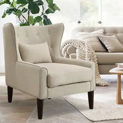 Front. Boyel Living - Wingback Linen Button Tufted Accent Chair with Solid Wood Legs - Beige.