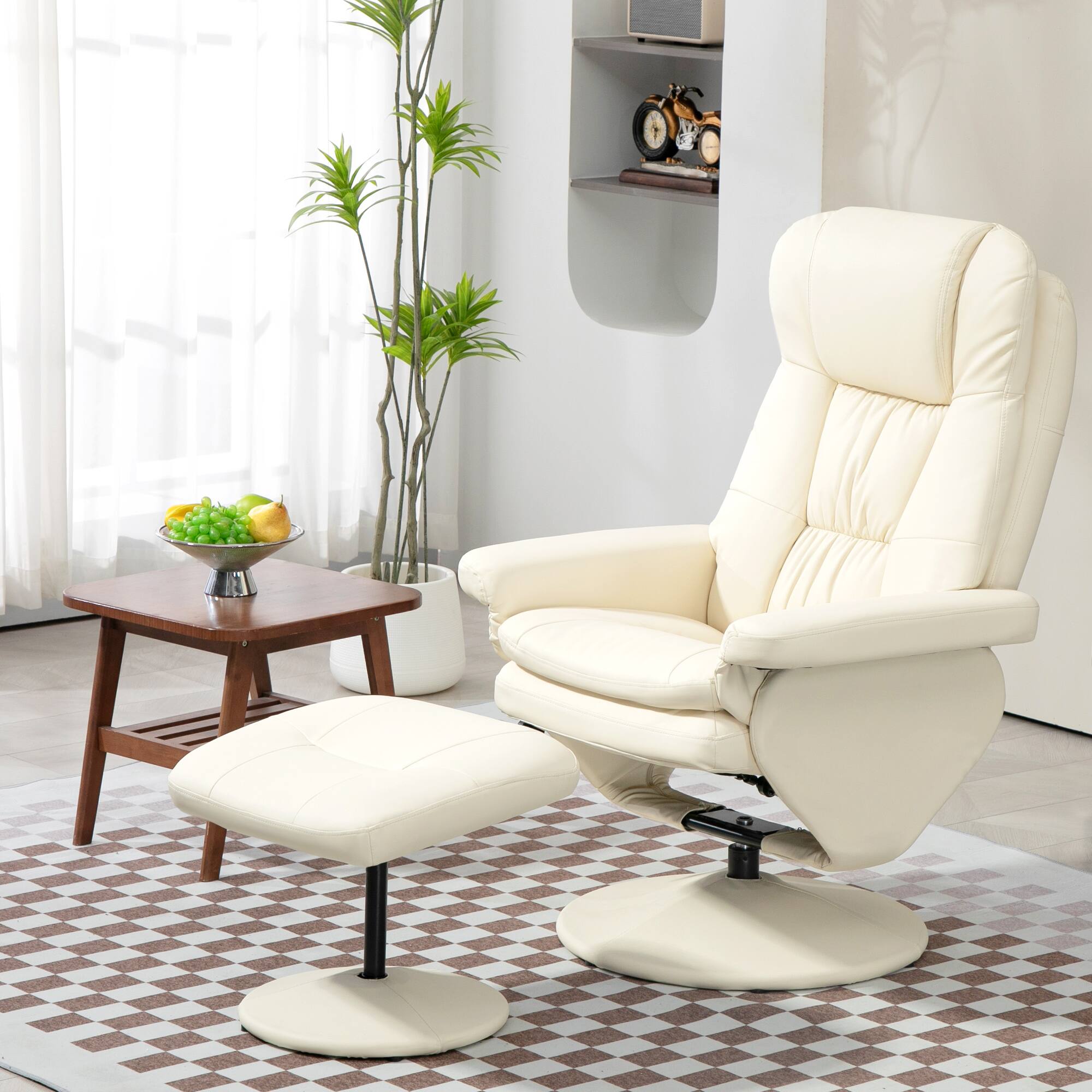 Alt View 1. Homcom - Leather Recliner Chair with Ottoman, Swivel Recliner and Ottoman with Round Wrapped Base for Living Room - Cream White.