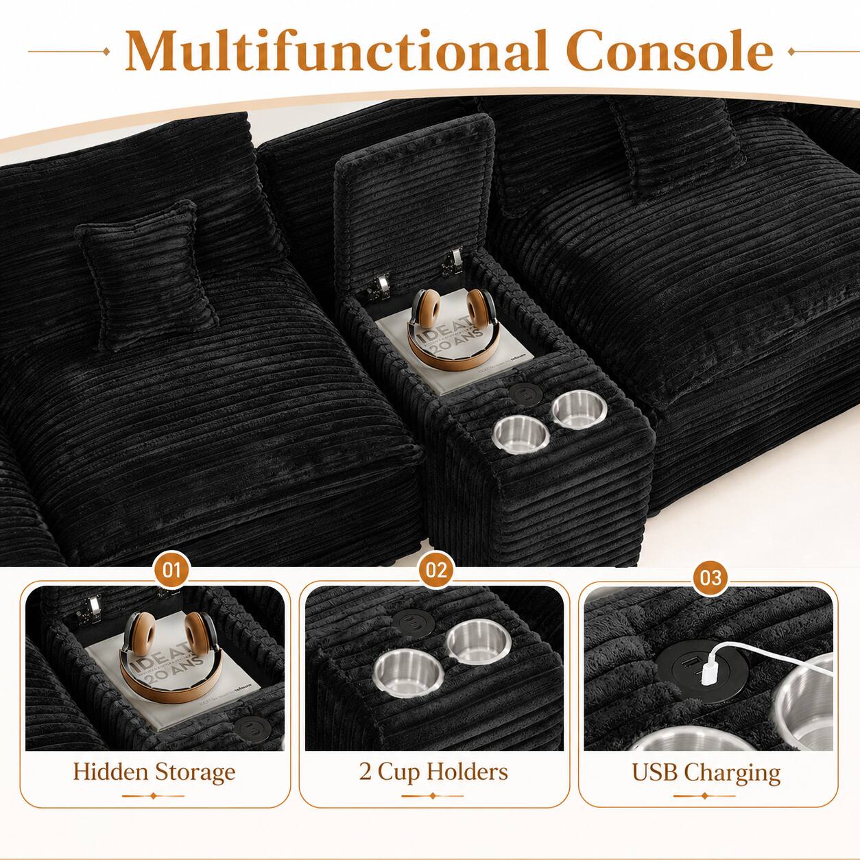 Multifunctional Console

IDEAT 20 ANS

01 Hidden Storage
02 2 Cup Holders
03 USB Charging