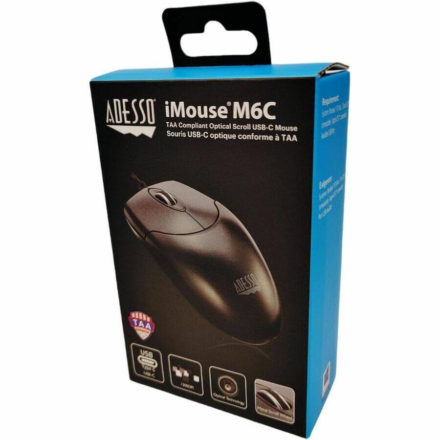 ADESSO iMouse M6C  
TAA Compliant Optical Scroll USB-C Mouse  
Souris USB-C optique conforme TAA  

TAA  
USB Type-C  
Optical Technology  
Vertical Scroll Wheel  

Ergonomic  
Souris ergonomique  
Compatible avec les systèmes d'exploitation Windows et macOS  

Requiert  
Nécessite un port USB-C  
Compatible avec les systèmes d'exploitation Windows et macOS