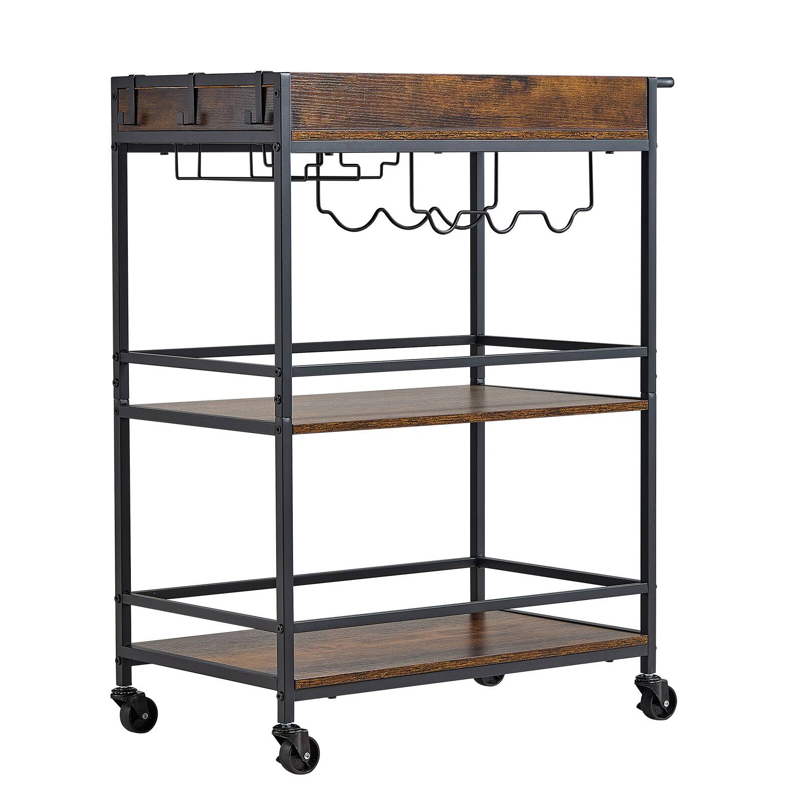 Alt View 5. VEVOR - Bar Cart, 3 Tiers Home Kitchen Serving Carts, Industrial Rolling Utility Station on Wheel, Mobile Drink Beverage Shelf - Black + Brown.