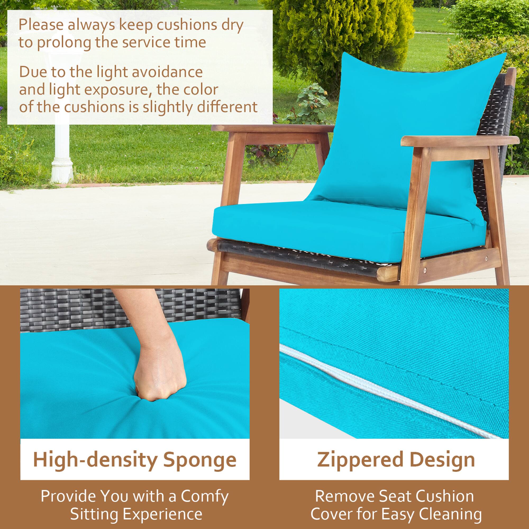 Please always keep cushions dry to prolong the service time. Due to the light avoidance and light exposure, the color of the cushions is slightly different. High-density Sponge. Provide You with a Comfy Sitting Experience. Zippered Design. Remove Seat Cushion Cover for Easy Cleaning.