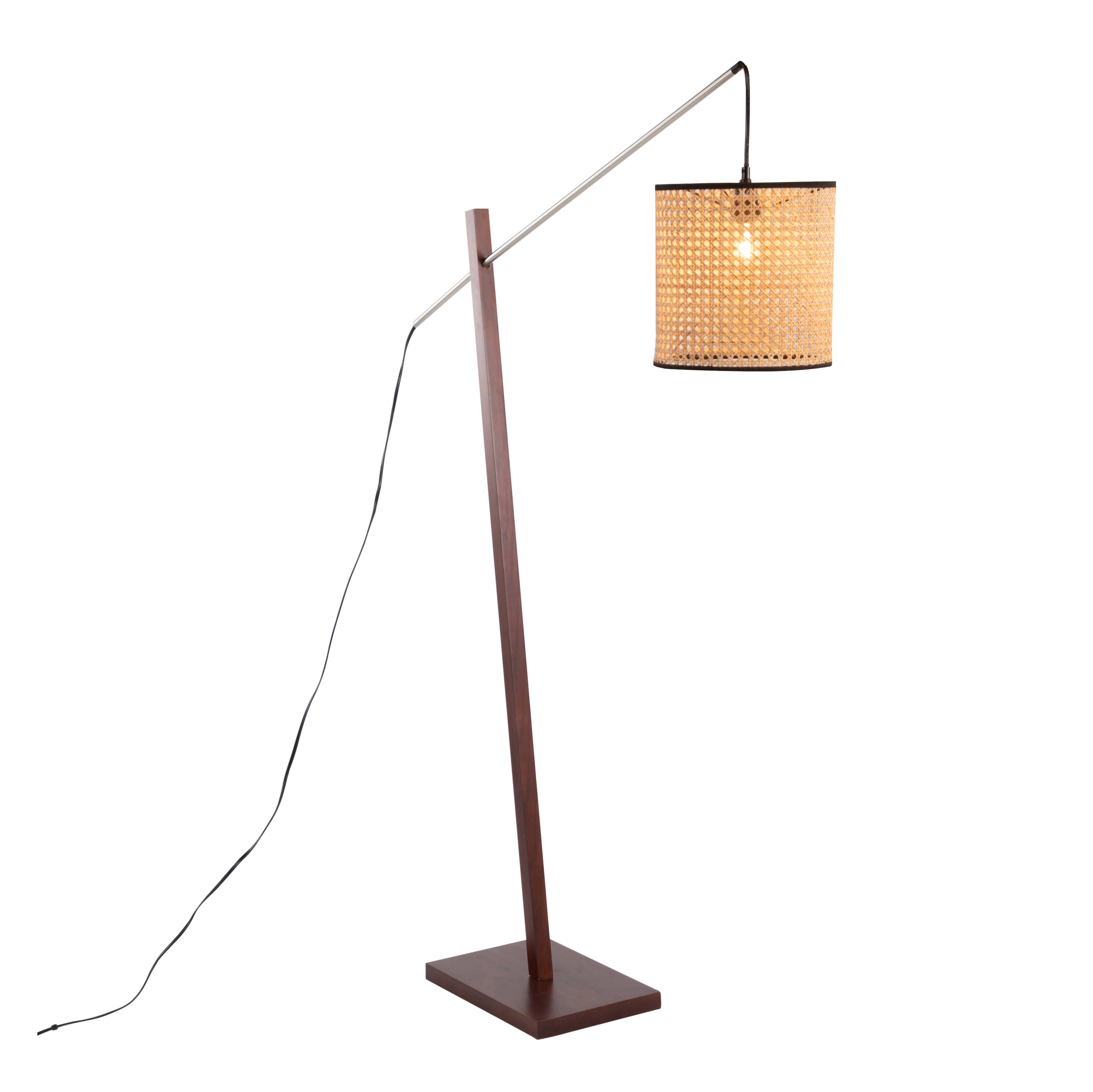Angle. Loheer - Loheer Contemporary Floor Lamp Walnut Wood Satin Nickel Rattan Shade 60 Inch Tall Modern Standing Lamp for Living Room - Walnut.