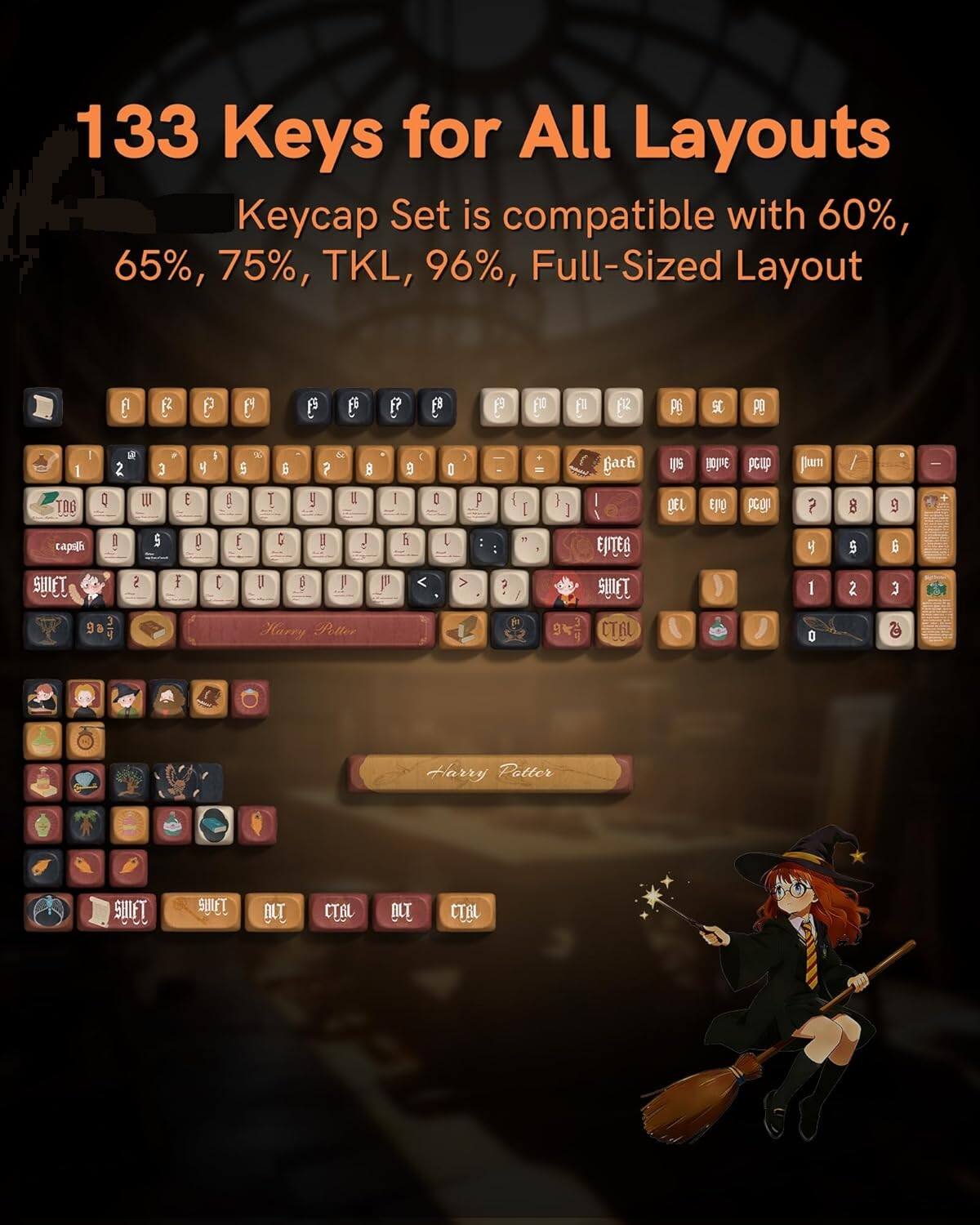 133 Keys for All Layouts Keycap Set is compatible with 60%, 65%, 75%, TKL, 96%, Full-Sized Layout

A F P A Fs f F F F F12 Pi s PO I TOO I 2 3 I E y I - 5 9. T E 5 ? II 8 I 9 E E O P I - 1 1 Bach ile DEL Ep pGup pcgn Jiam ? / 8 9 I capah SUIFT : 2 5 f I [ ! U 2 6 I ! J P i L V M e EJITEG SUFT y 1 i 2 a 3 3 98 Harry Petter B 3 9 CTAL 0 Harry Potter SHIFT SHIFT OLT CTAL AT CTAL