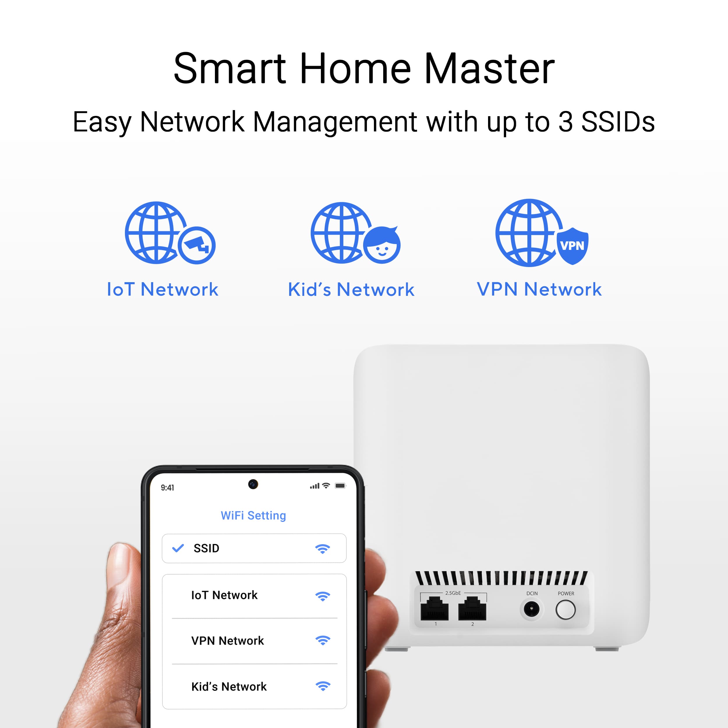 Smart Home Master Easy Network Management with up to 3 SSIDs (WiFi Setting, loT Network, VPN Network, Kid's Network, VPN Network).