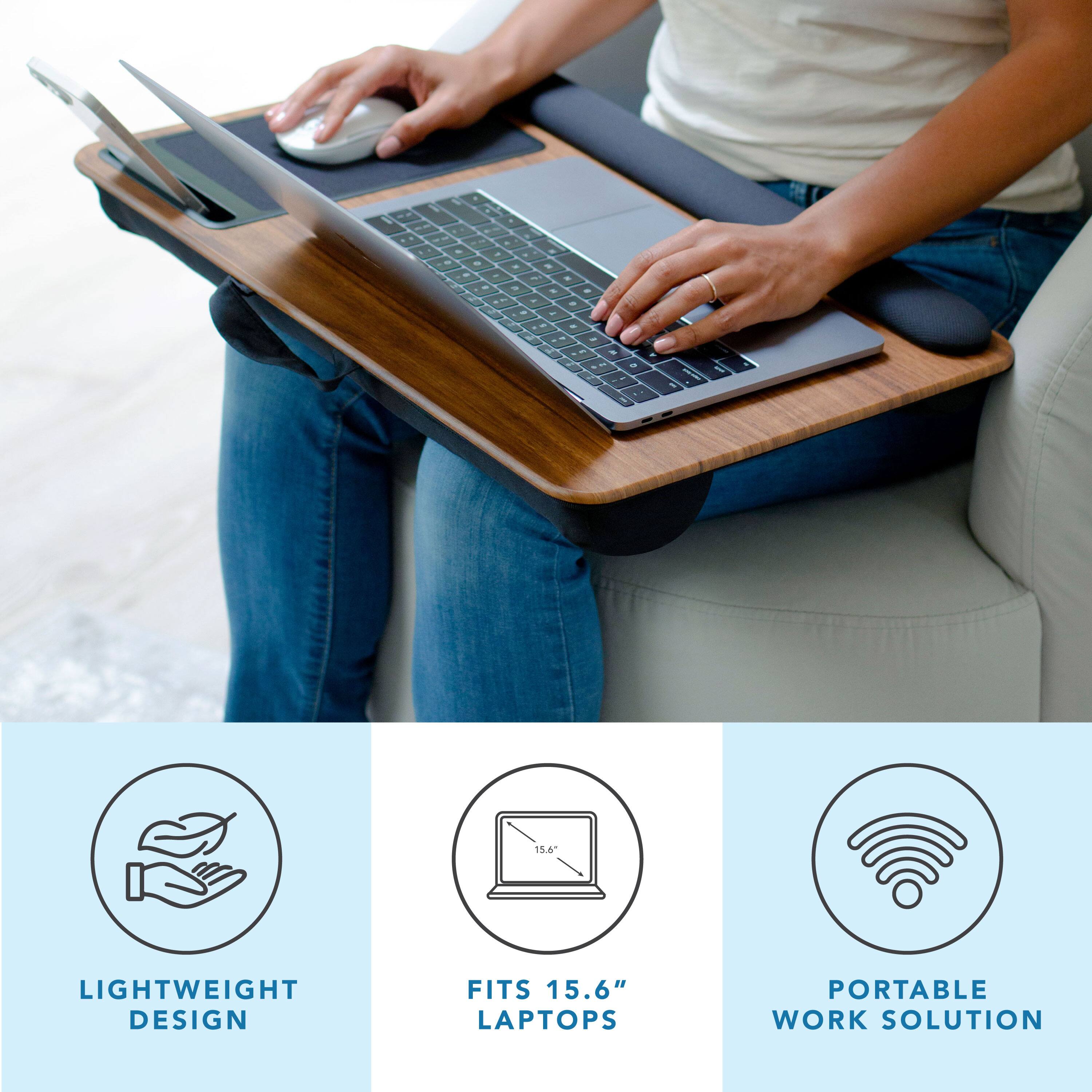 The text on the image reads: "Lightweight Design Fits 15.6" Laptops Portable Work Solution."