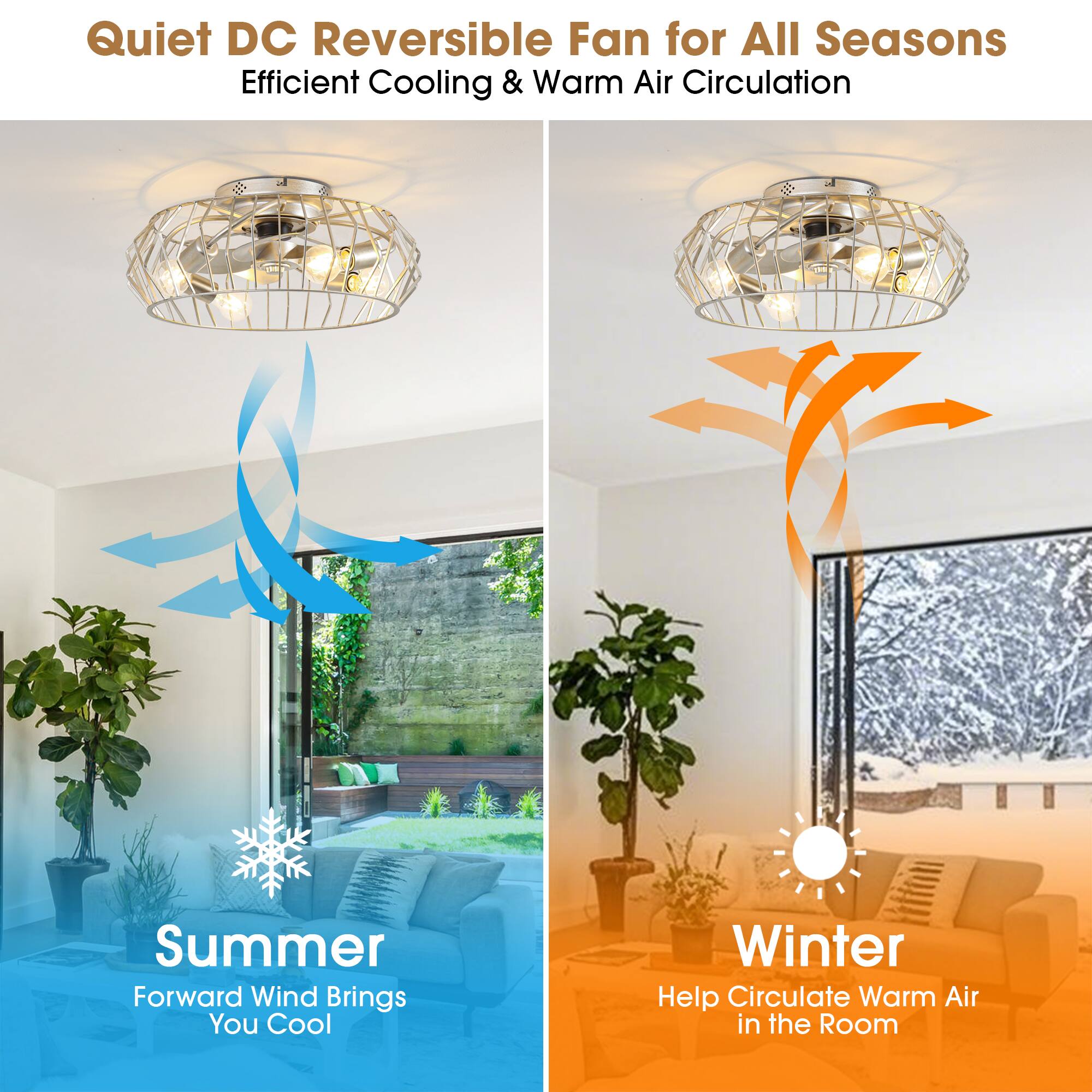 Quiet DC Reversible Fan for All Seasons  
Efficient Cooling & Warm Air Circulation  

Summer  
Forward Wind Brings You Cool  

Winter  
Help Circulate Warm Air in the Room