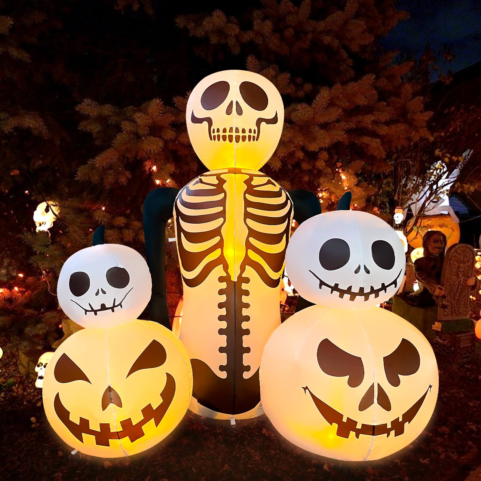 Angle. GOOSH Inflatables - GOOSH 6FT Inflatable Skeleton with Pumpkins – Light-Up Halloween Yard Decoration - White.