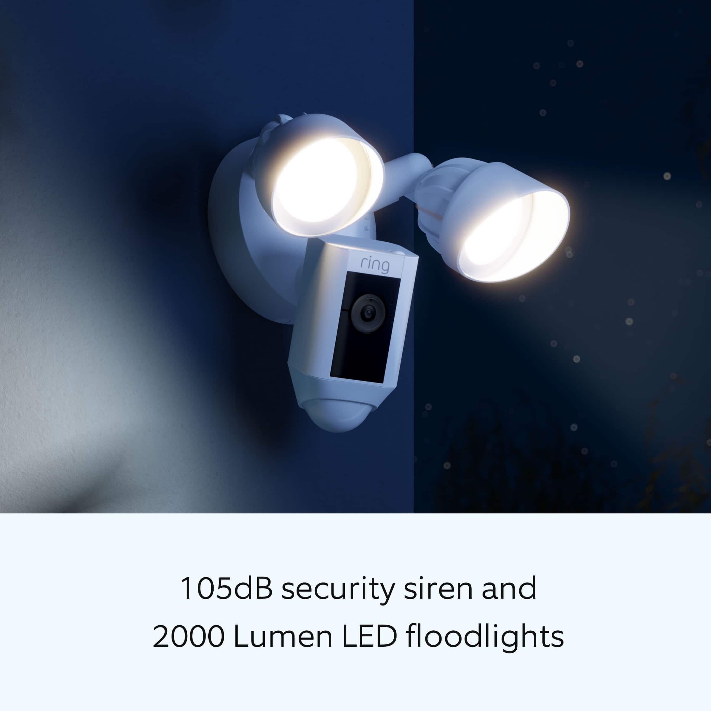 The image features a security camera with a 105dB security siren and 2000 Lumen LED floodlights.