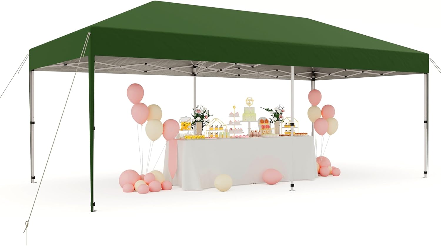 Angle. Acekool - 10'x20' Pop-Up Canopy Tent, Instant Commercial Outdoor Shelter with 2 Sidewalls, 12 Stakes, 6 Sandbags, Green.