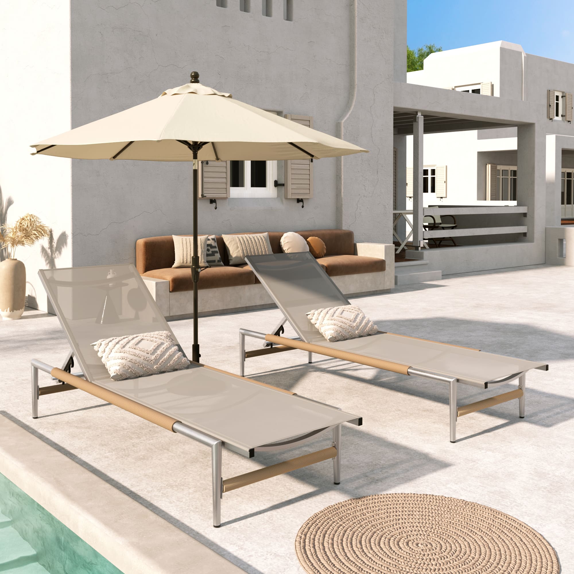 Mondawe - Set of 2 Outdoor Patio Aluminum Chaise Lounge - Natural+Silver