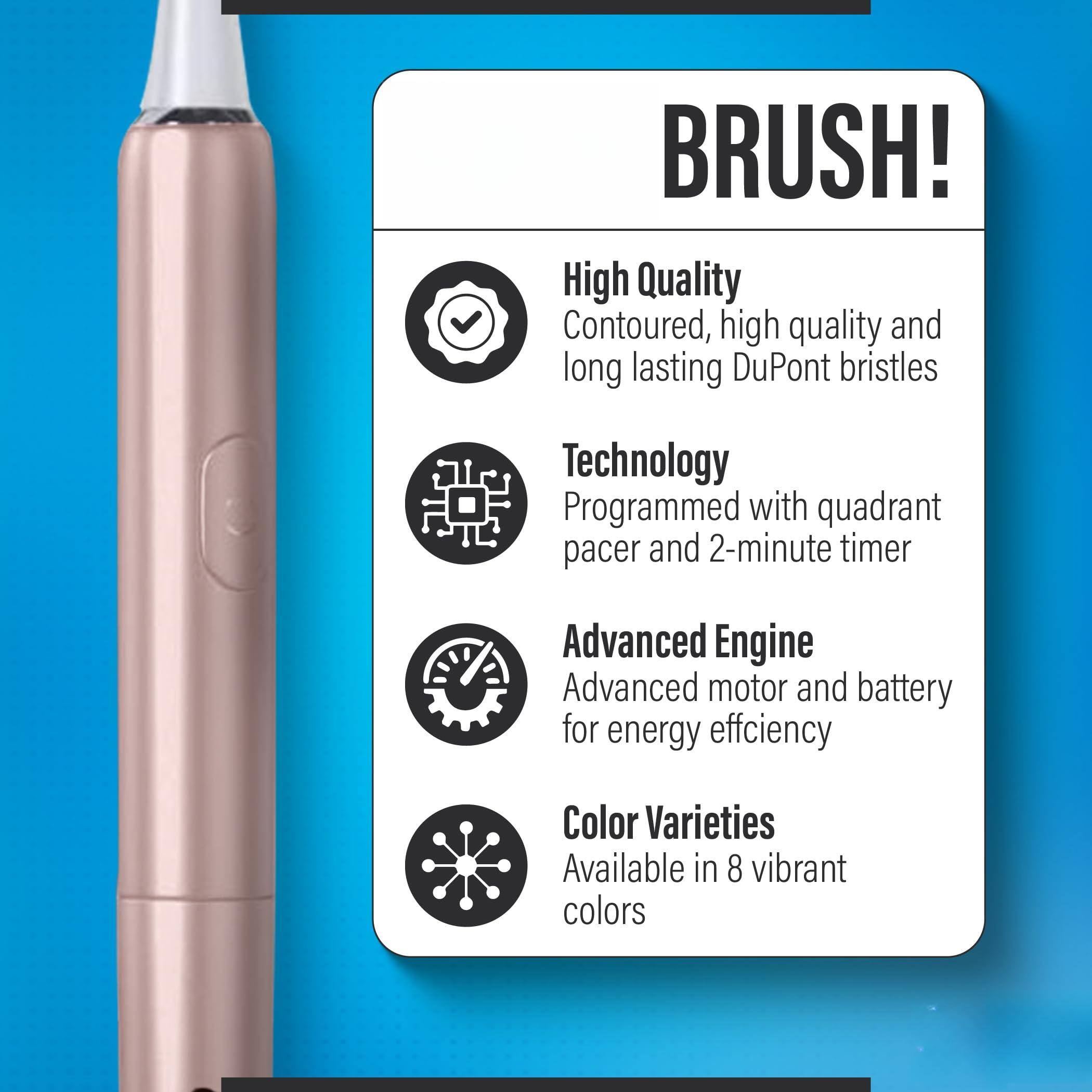 BRUSH!

High Quality
- Contoured, high quality and long lasting DuPont bristles

Technology
- Programmed with quadrant pacer and 2-minute timer

Advanced Engine
- Advanced motor and battery for energy efficiency

Color Varieties
- Available in 8 vibrant colors
