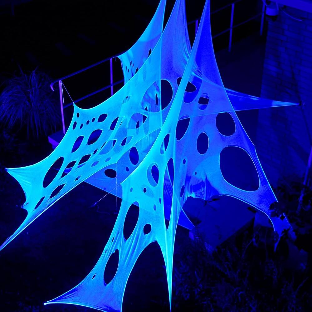 Front. RTMB - 1000sqft Glow-in-the-Dark Spider Web, Stretchy White Netting for Halloween Decor - Blue.