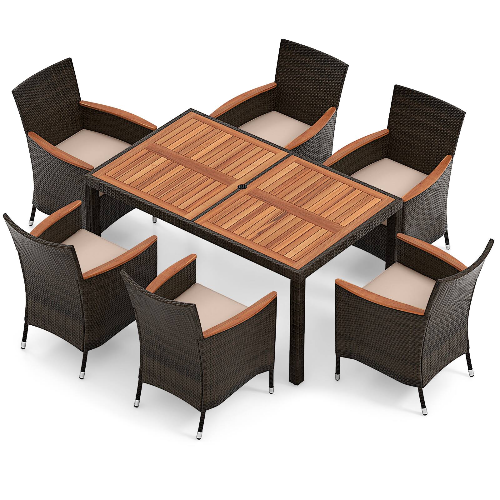 Alt View 9. Gymax - Gymax Set Of 7 Patio Rattan Dining Set 6 Stackable Chairs Cushioned Wood Table Outdoor - Brown.