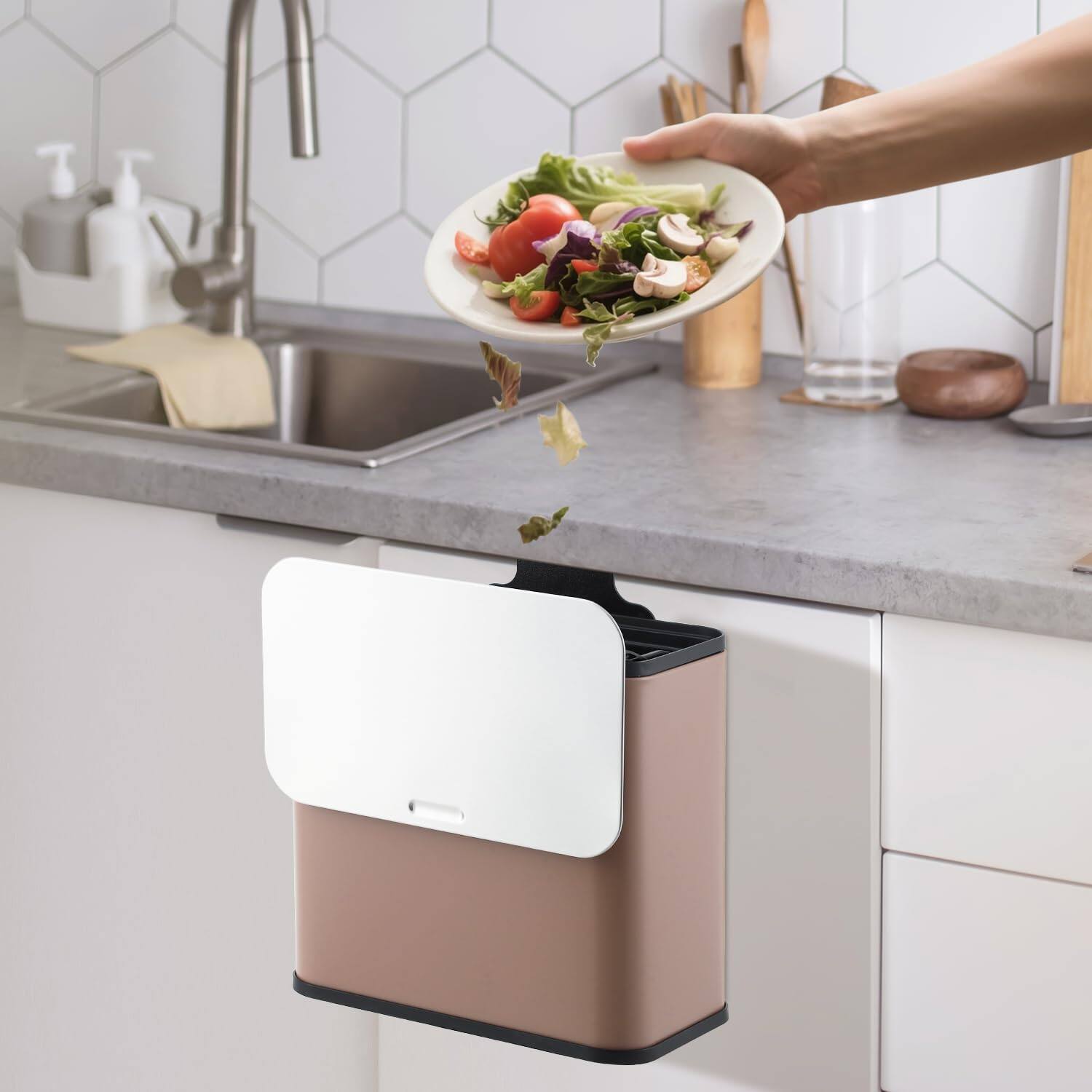 Left. Babevy - Kitchen Compost Bin for Countertop or Under Sink, 1.3 Gallon Stainless Steel Hanging Trash Can with Lid - Brown.