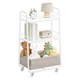 Songmics Home - LILEA Collection - Storage Cart with Fabric Basket, 3-Tier Rolling Utility Cart with Wheels and Shelves - Cloud White and Camel Brown