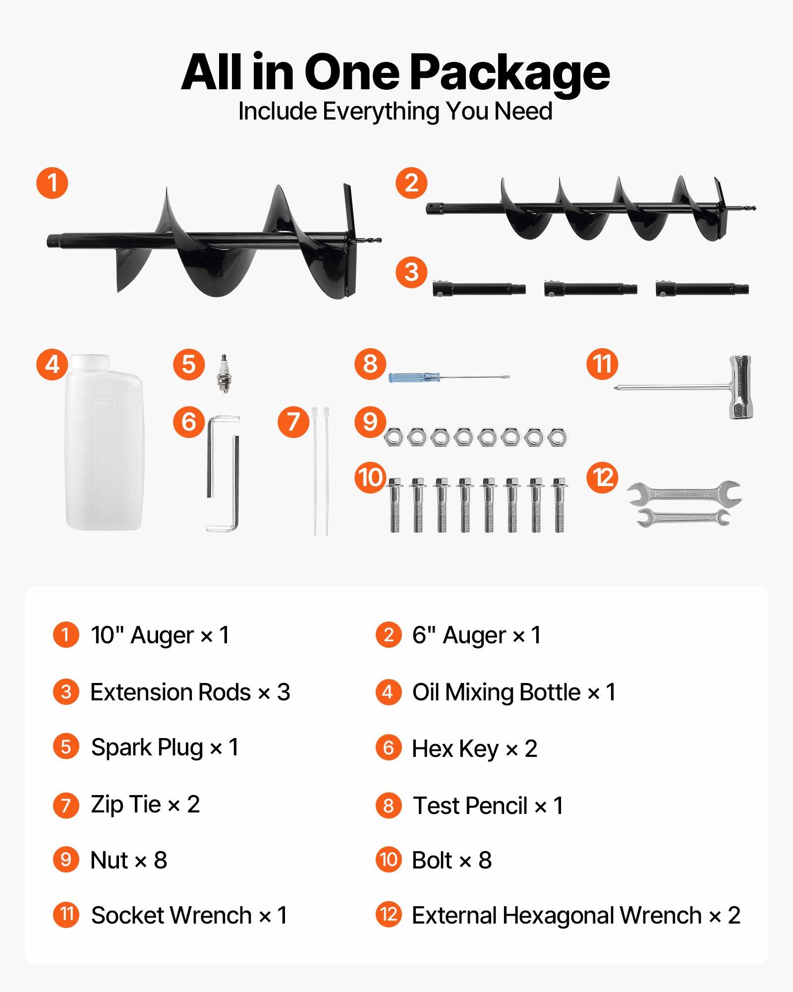 All in One Package Include Everything You Need

1. 10" Auger x 1
2. 6" Auger x 1
3. Extension Rods x 3
4. Oil Mixing Bottle x 1
5. Spark Plug x 1
6. Hex Key x 2
7. Zip Tie x 2
8. Test Pencil x 1
9. Nut x 8
10. Bolt x 8
11. Socket Wrench x 1
12. External Hexagonal Wrench x 2