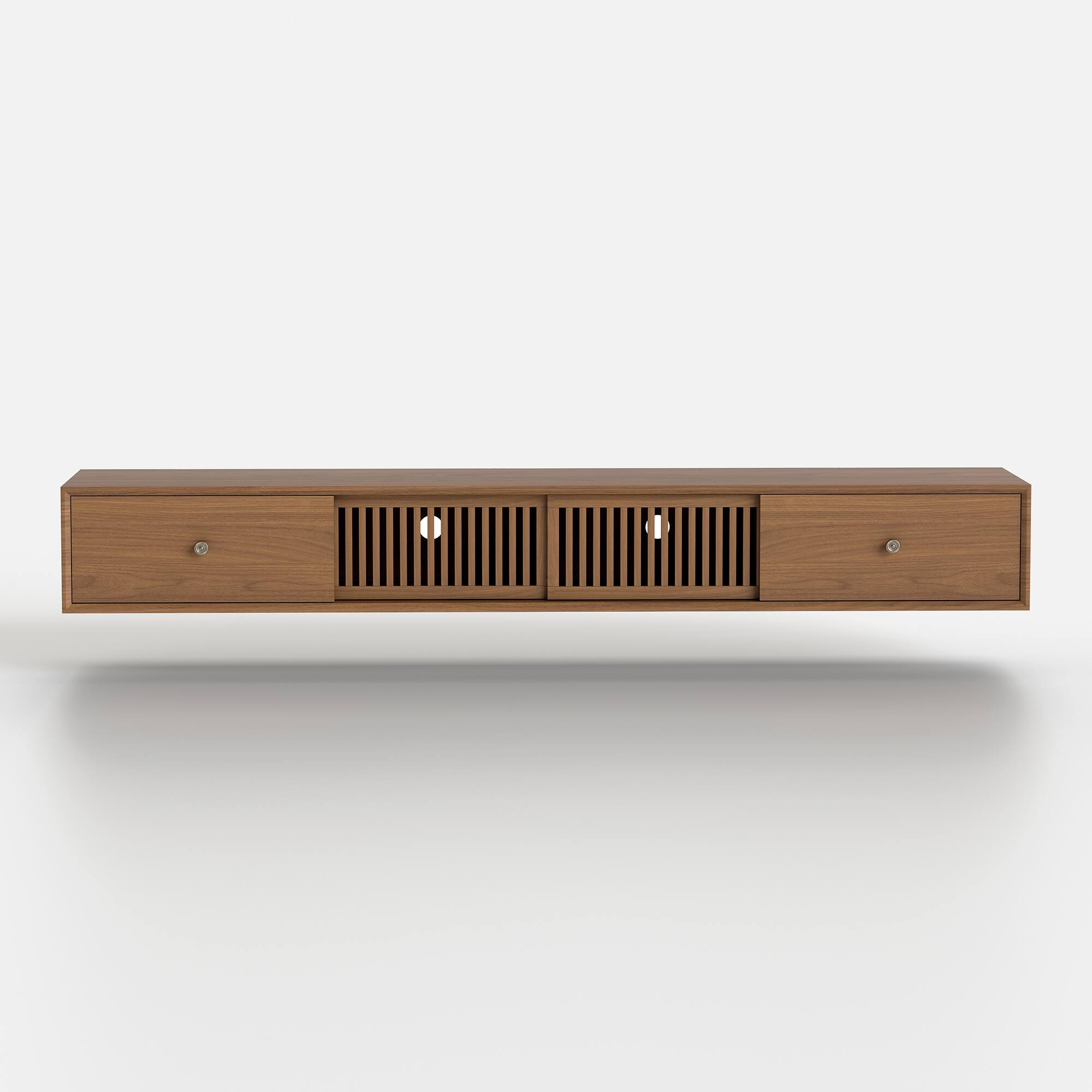 Alt View 4. luck idea - 78.7" TV Stand, Floating Media Console with Grid Sliding Doors & Double Storage Drawers - Walnut Color.