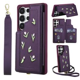 Dteck - Floral Flip Wallet Case for Samsung Galaxy S25 Ultra,Fashion Crossbody PU Leather Card Holder Phone Cover + Wrist Strap - Purple