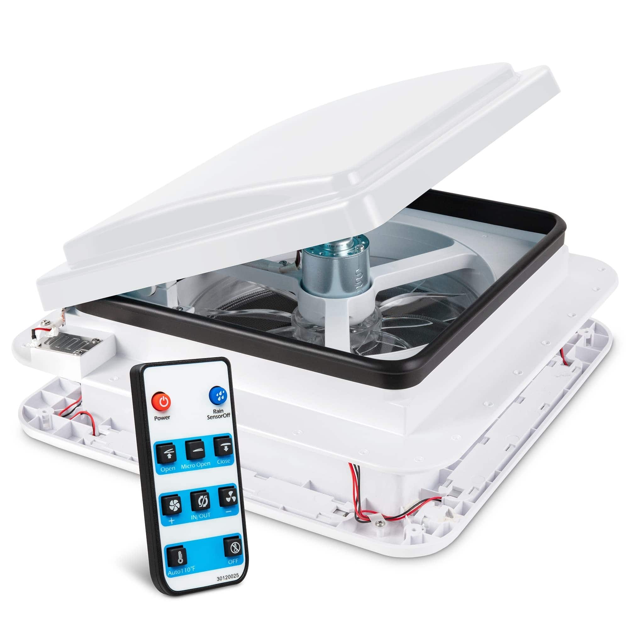 Hike Crew - 14” RV Roof Vent Fan, 12V 6-Speed RV Fan with LED Light, and Remote - Lid - White