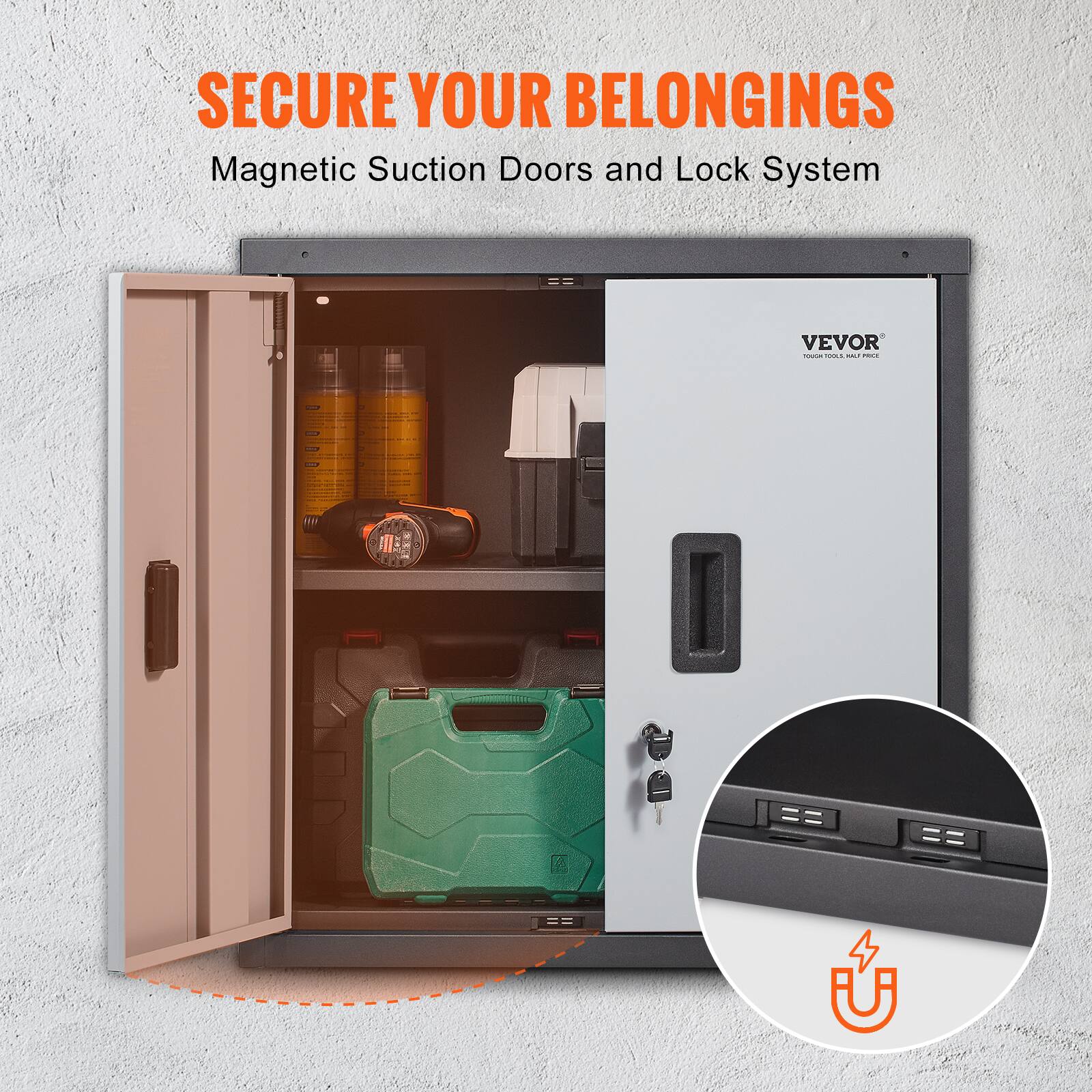 SECURE YOUR BELONGINGS  
Magnetic Suction Doors and Lock System  
VEVOR