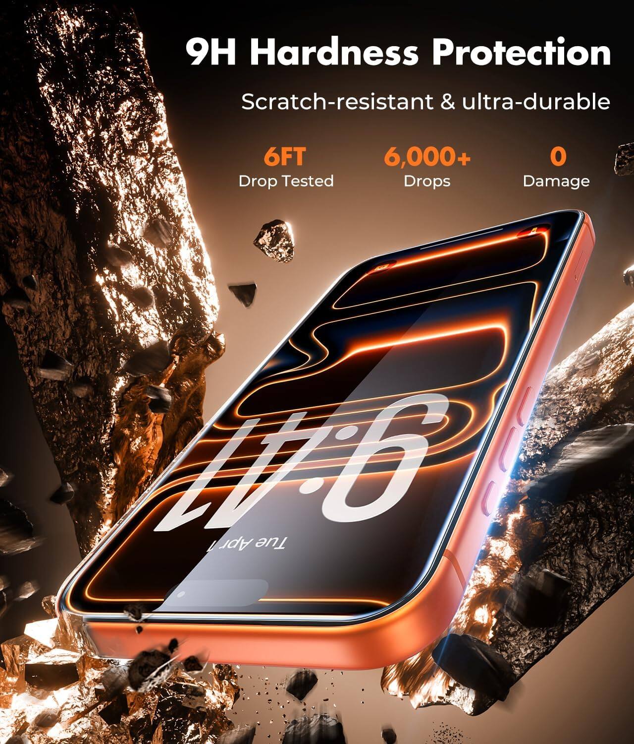 9H Hardness Protection  
Scratch-resistant & ultra-durable  
6FT Drop Tested  
6,000+ Drops  
0 Damage  
WG Apr Tue