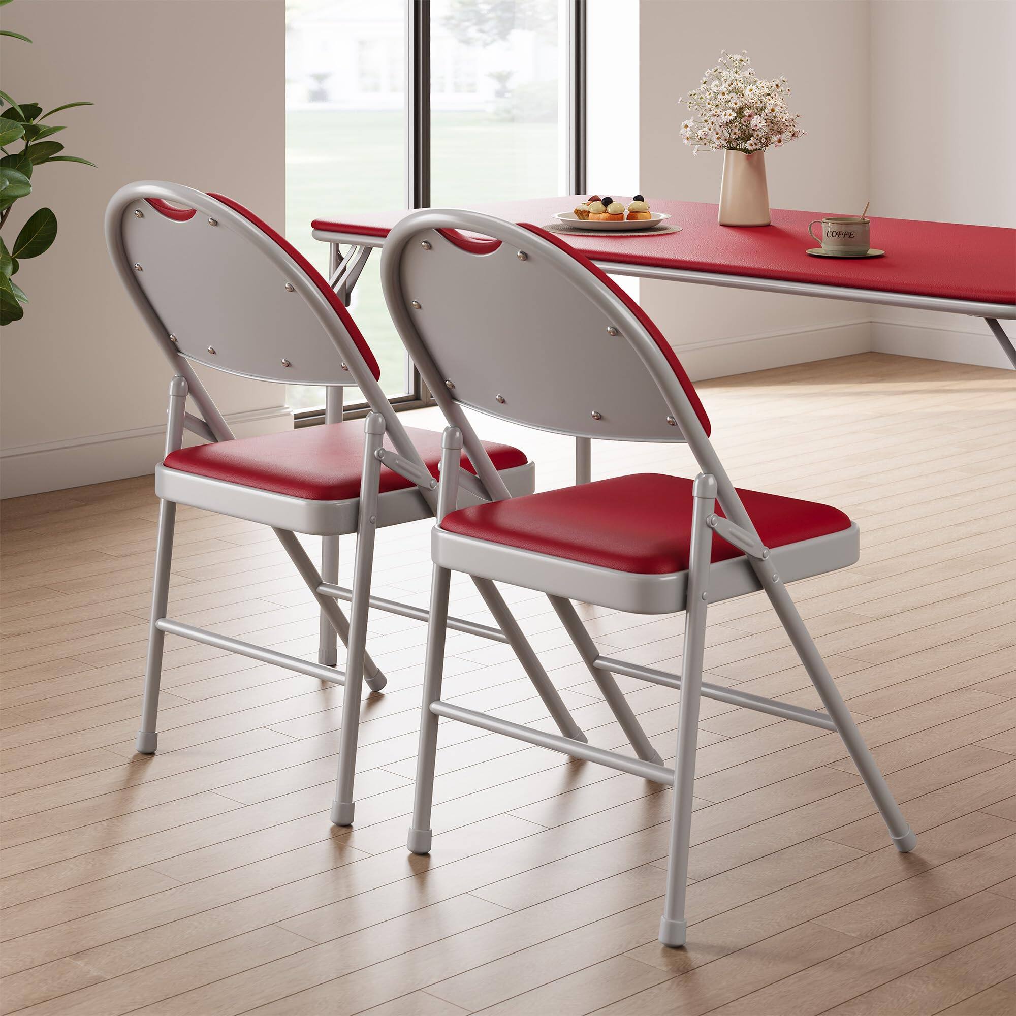 Angle. Jojoka - Folding Chairs 2 Pack with PU Leather Padded Cushion, Metal Commercial Stackable Guest Chairs - Red.
